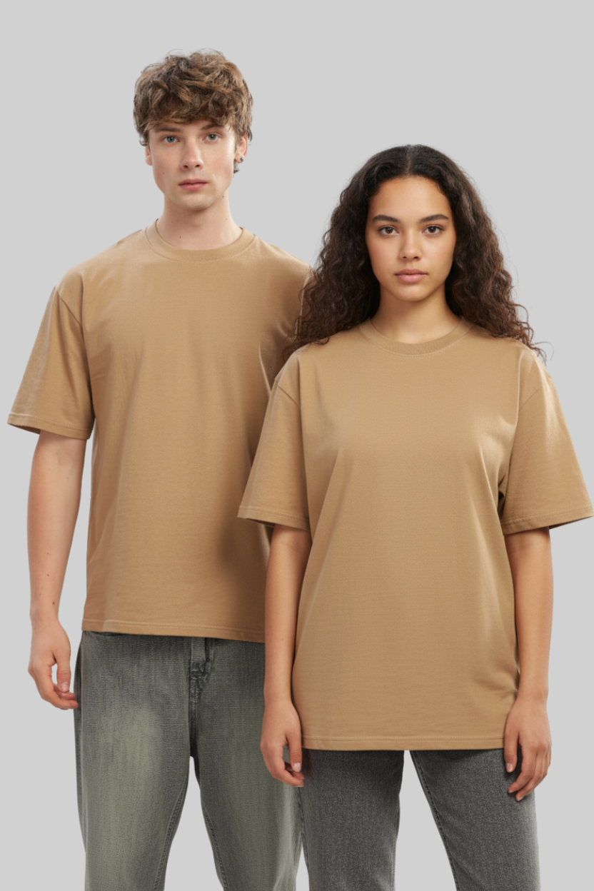 Spice Wardrobe Men Half Sleeve Oversized T-shirt, Round Neck Longline Drop Shoulder | Beige Plain Relaxed Fit T-Shirt 100% Cotton 220 GSM Fabric