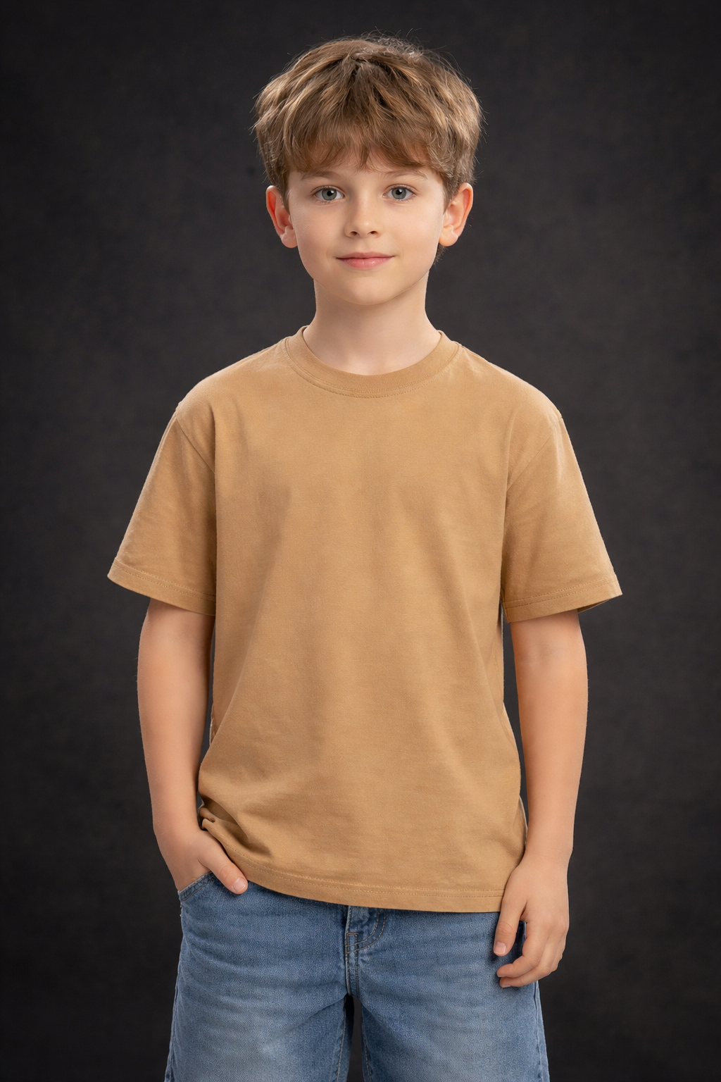 Spice Wardrobe Kids Half Sleeve Plain Cotton T-Shirt, Beige, Crew Neck
