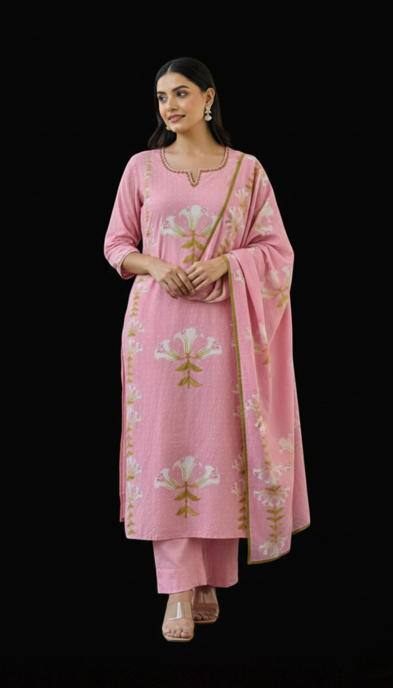 Spice Wardrobe Elegant Floral Printed Cotton Kurta Pant Dupatta Set