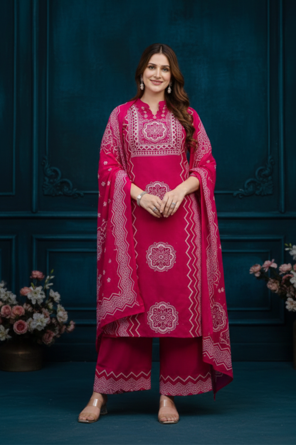 Spice Wardrobe Elegant Pink Printed Cotton Suit