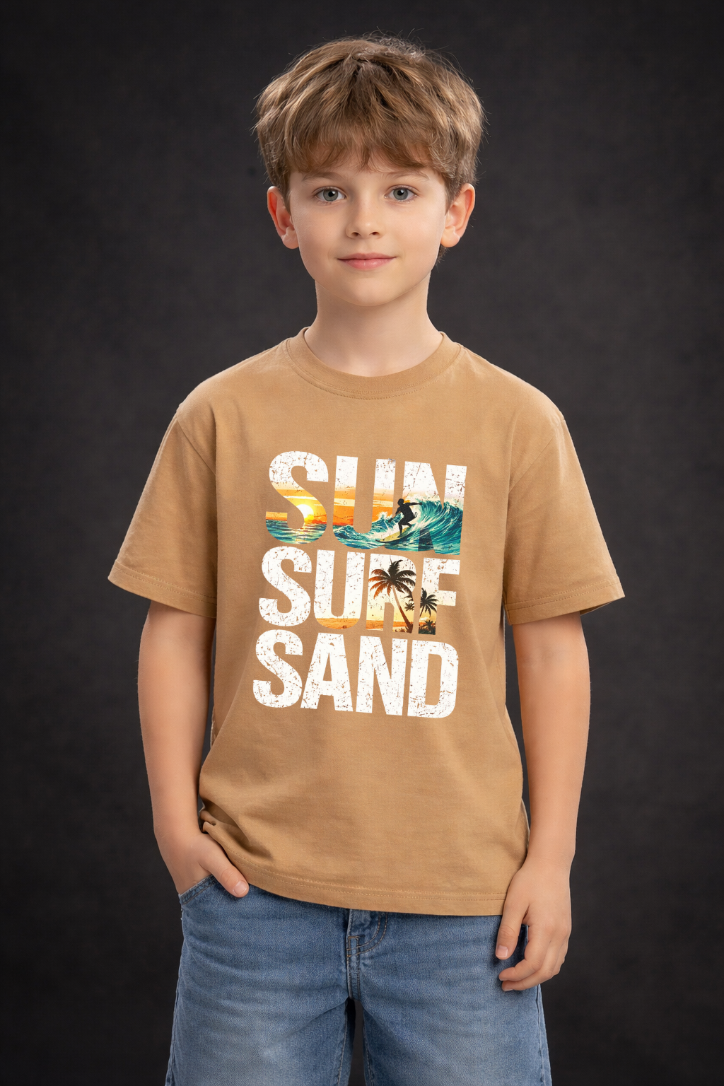 Spice Wardrobe Kids Printed Half Sleeve Plain Cotton T-Shirt, Beige, Crew Neck