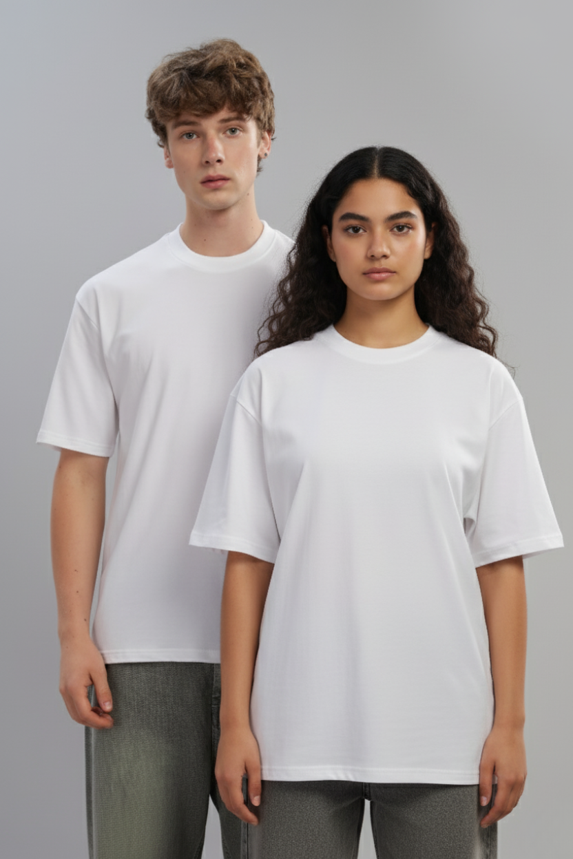 Spice Wardrobe Men Half Sleeve Oversized T-shirt, Round Neck Longline Drop Shoulder | White Plain Relaxed Fit T-Shirt 100% Cotton 220 GSM Fabric