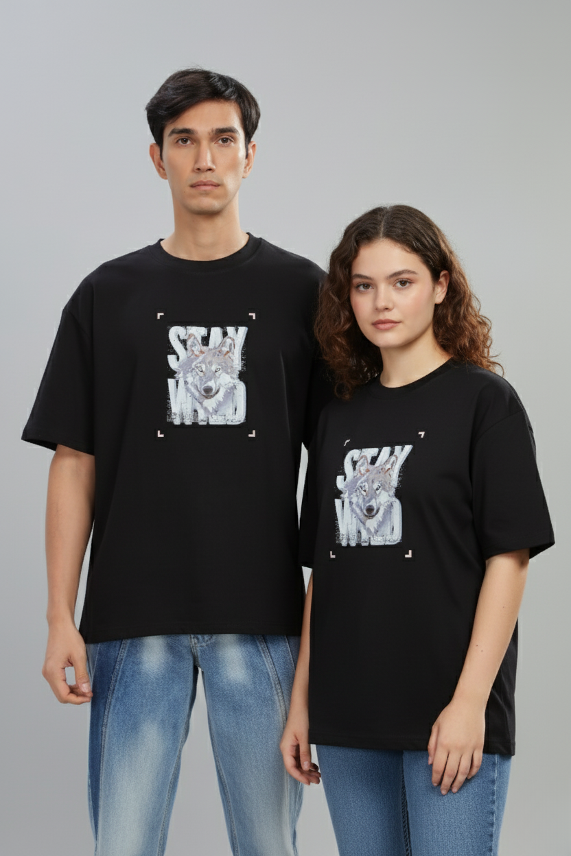 Spice Wardrobe Men Half Sleeve Oversized T-shirt, Round Neck Longline Drop Shoulder |Black Printed Relaxed Fit T-Shirt 100% Cotton 220 GSM Fabric