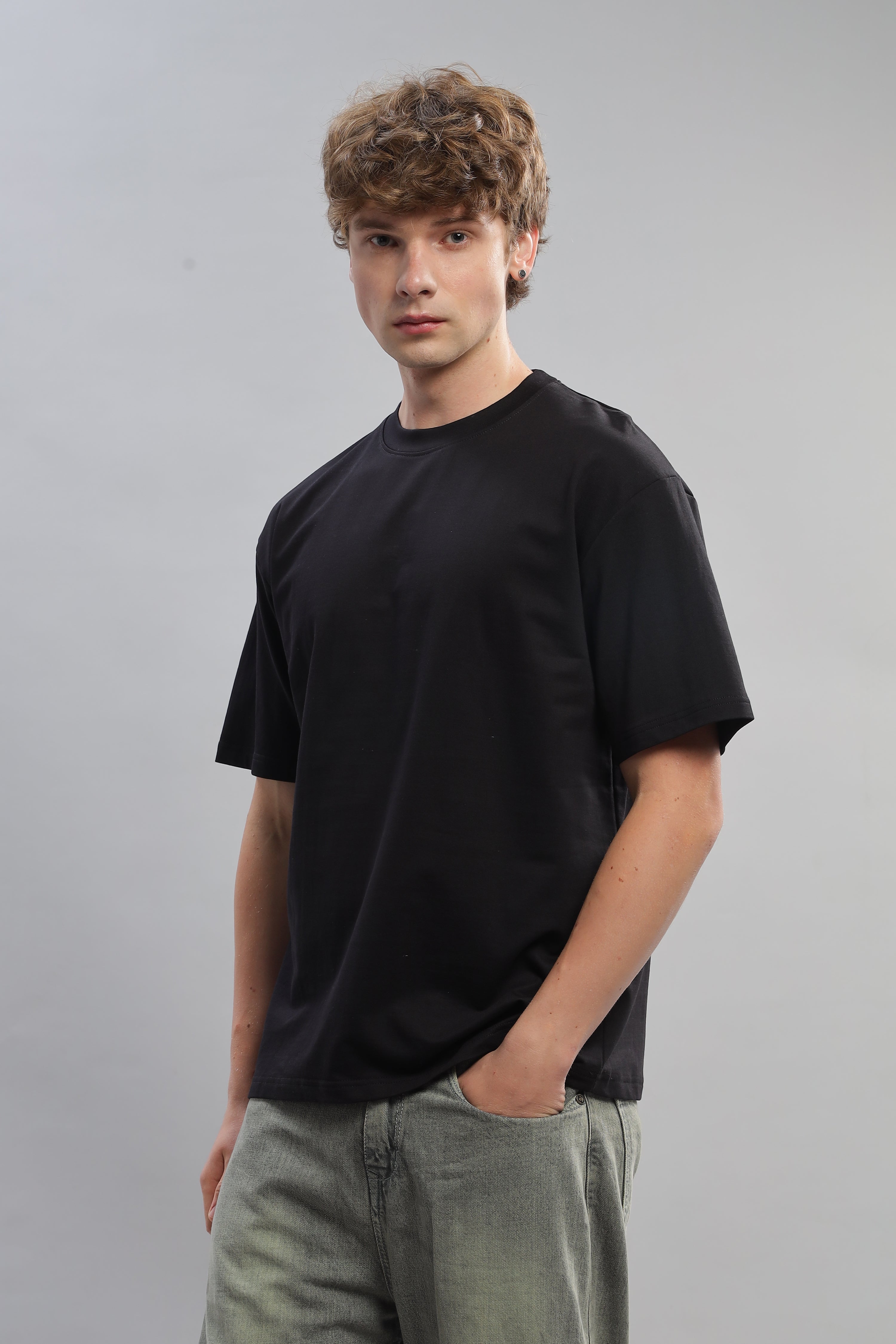 Spice Wardrobe Men Half Sleeve Oversized T-shirt, Round Neck Longline Drop Shoulder | Black Plain Relaxed Fit T-Shirt 100% Cotton 220 GSM Fabric