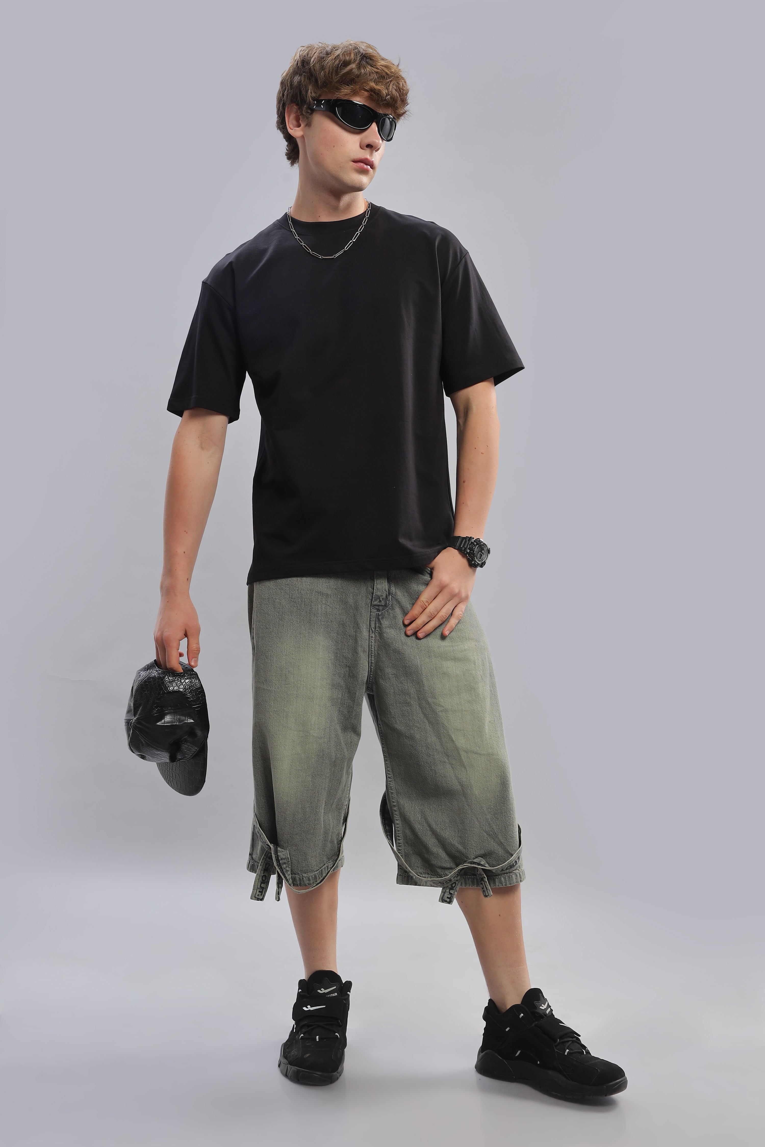 Spice Wardrobe Men Half Sleeve Oversized T-shirt, Round Neck Longline Drop Shoulder | Black Plain Relaxed Fit T-Shirt 100% Cotton 220 GSM Fabric