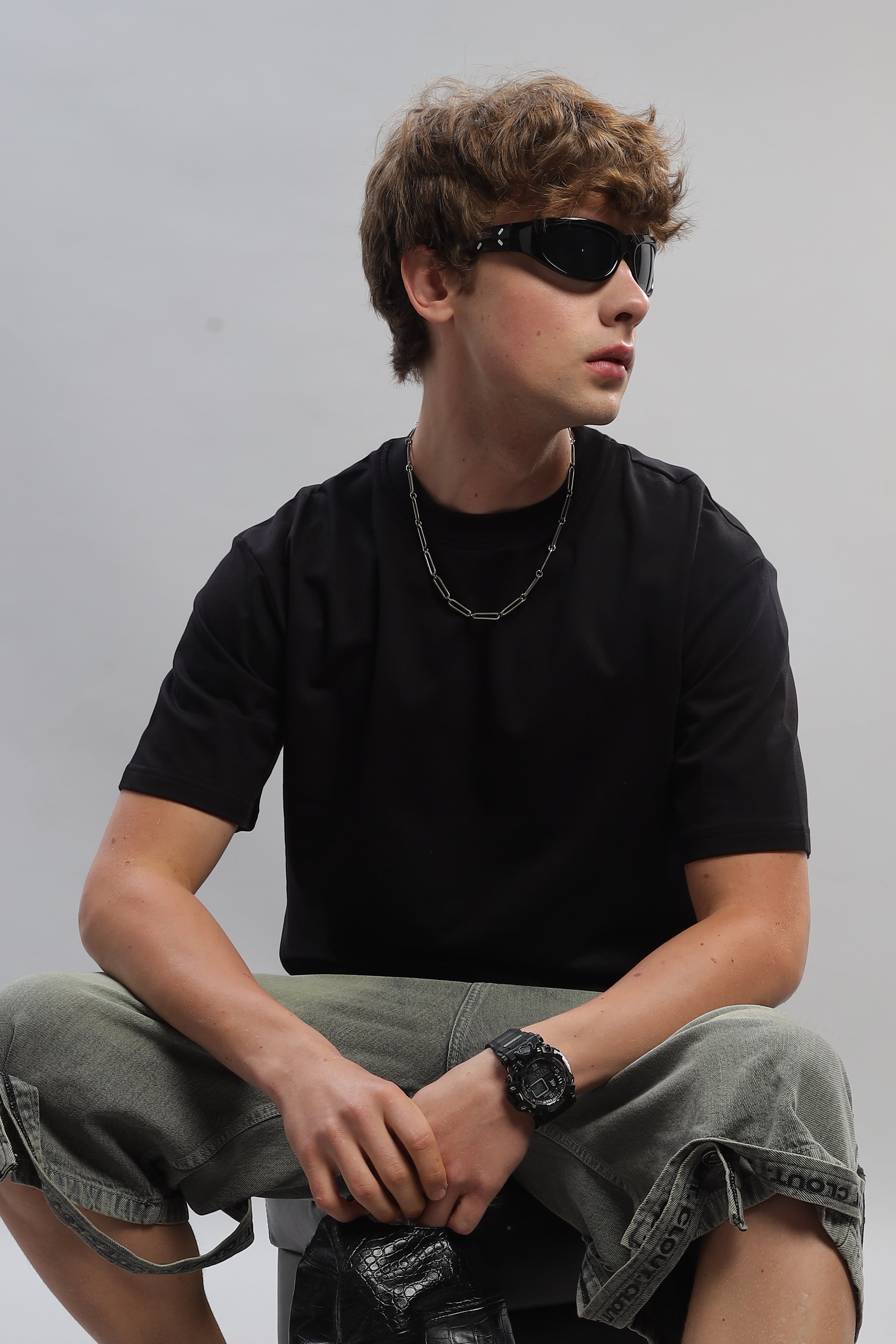 Spice Wardrobe Men Half Sleeve Oversized T-shirt, Round Neck Longline Drop Shoulder | Black Plain Relaxed Fit T-Shirt 100% Cotton 220 GSM Fabric