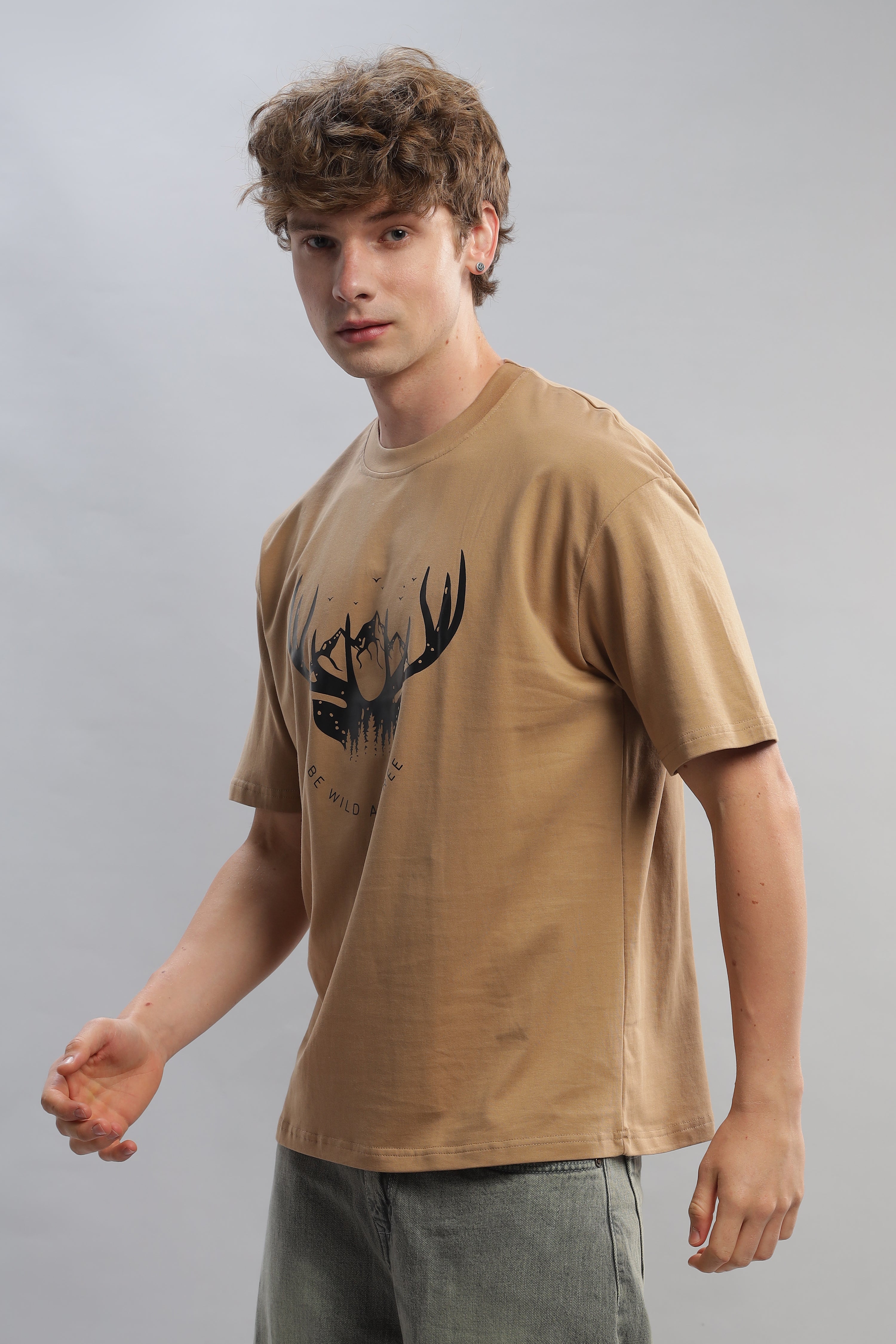 Spice Wardrobe Men Half Sleeve Oversized T-shirt, Round Neck Longline Drop Shoulder |Beige Printed Relaxed Fit T-Shirt 100% Cotton 220 GSM Fabric