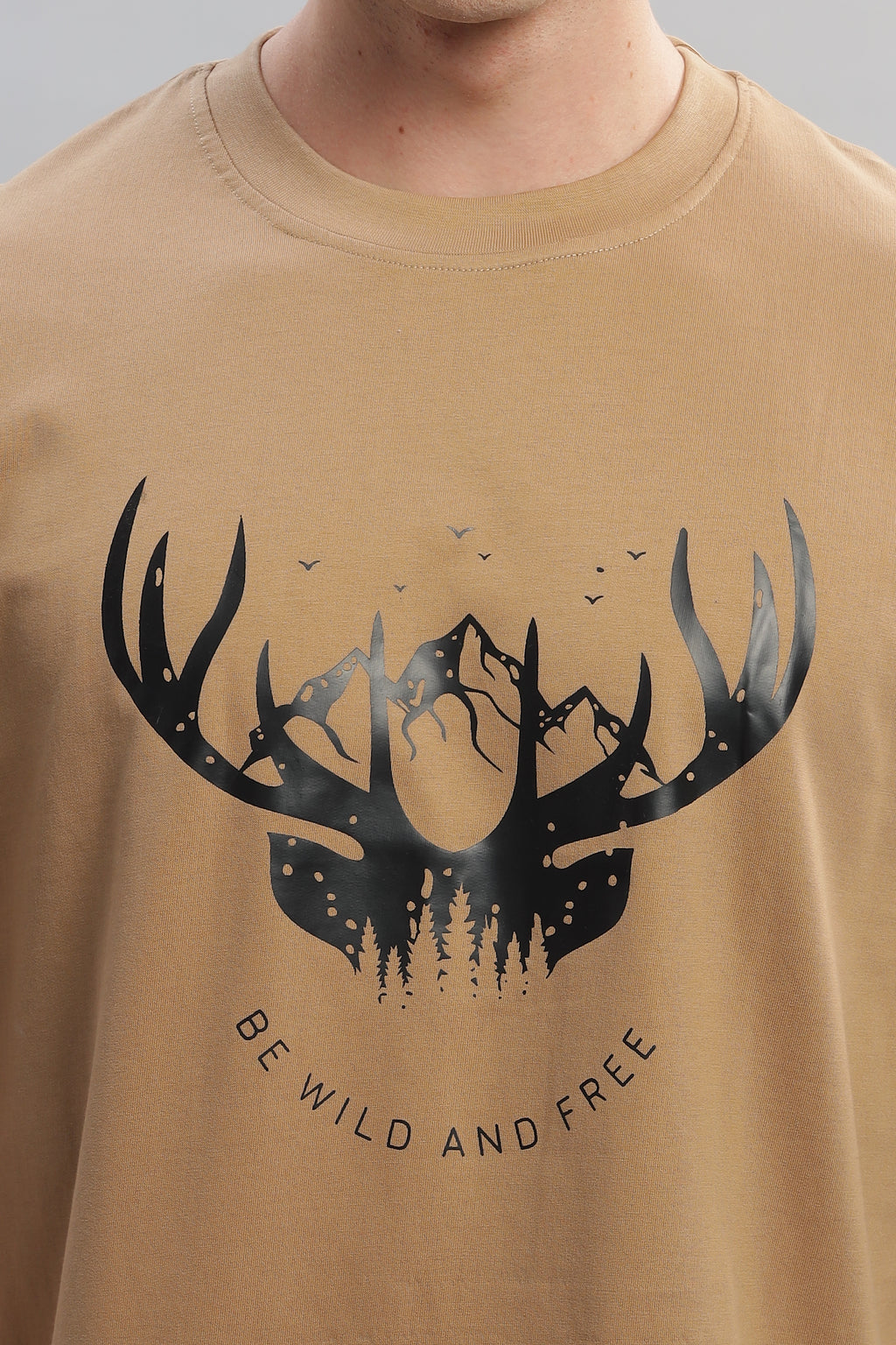 Spice Wardrobe Men Half Sleeve Oversized T-shirt, Round Neck Longline Drop Shoulder |Beige Printed Relaxed Fit T-Shirt 100% Cotton 220 GSM Fabric