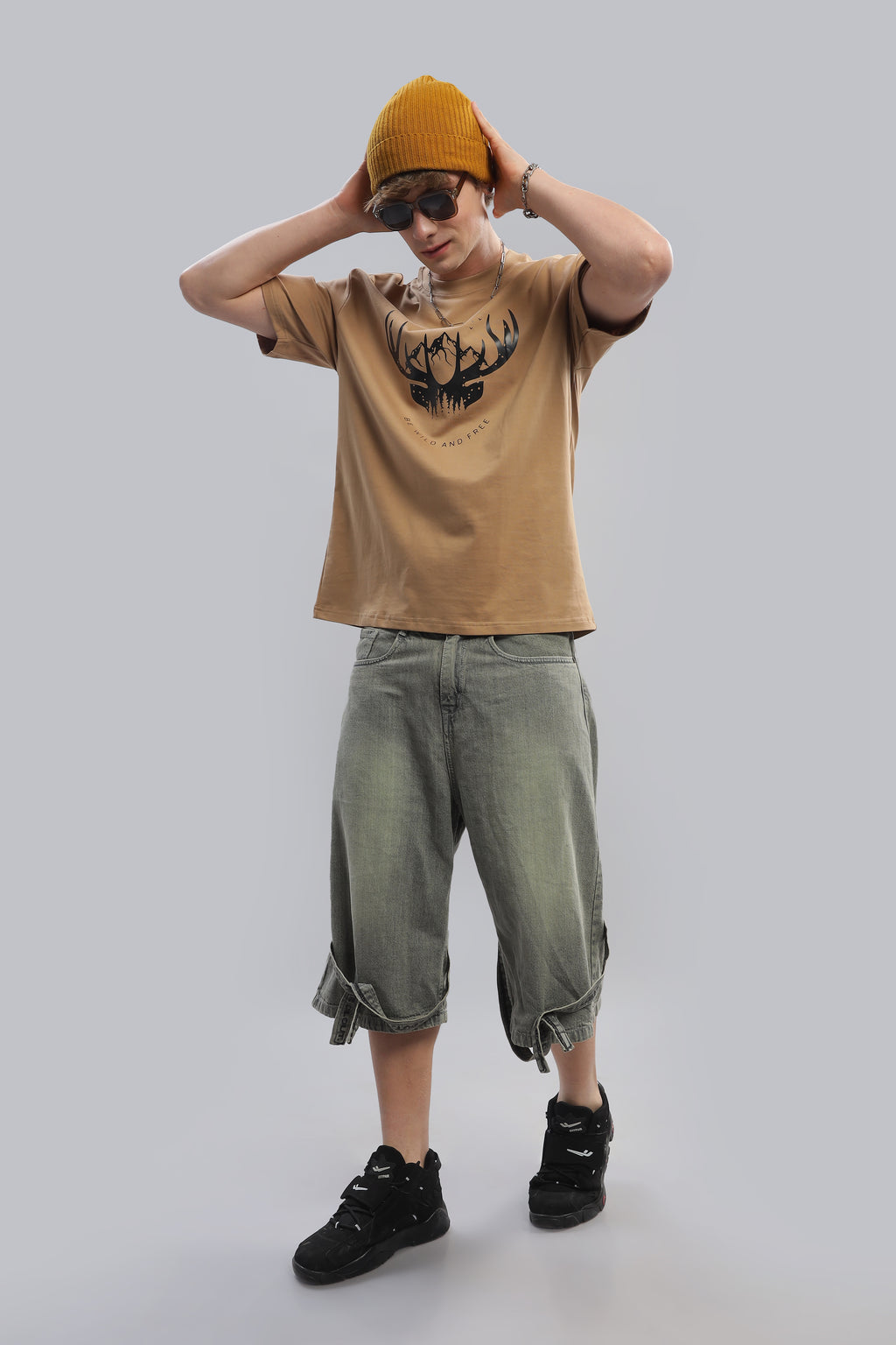 Spice Wardrobe Men Half Sleeve Oversized T-shirt, Round Neck Longline Drop Shoulder |Beige Printed Relaxed Fit T-Shirt 100% Cotton 220 GSM Fabric