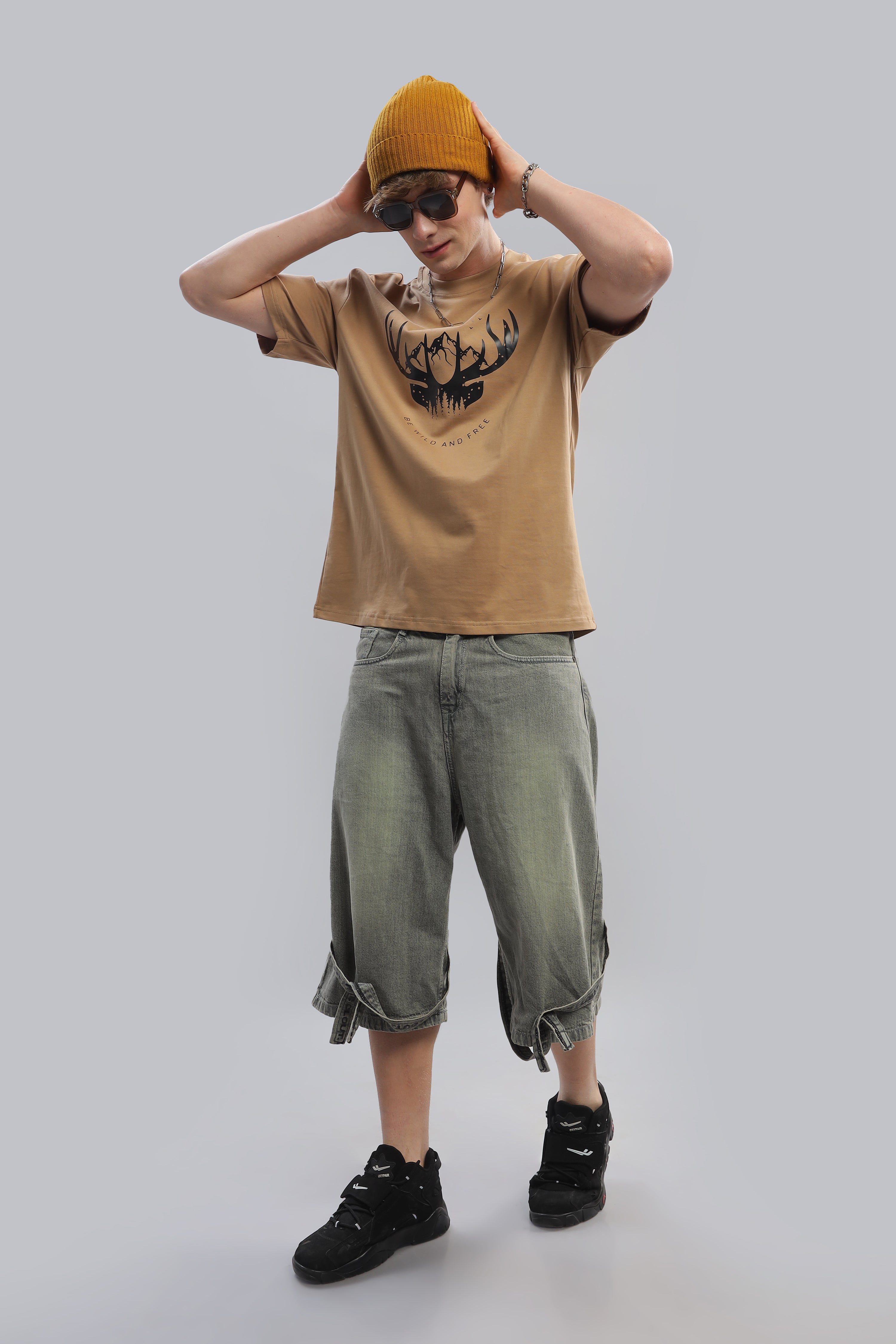 Spice Wardrobe Men Half Sleeve Oversized T-shirt, Round Neck Longline Drop Shoulder |Beige Printed Relaxed Fit T-Shirt 100% Cotton 220 GSM Fabric