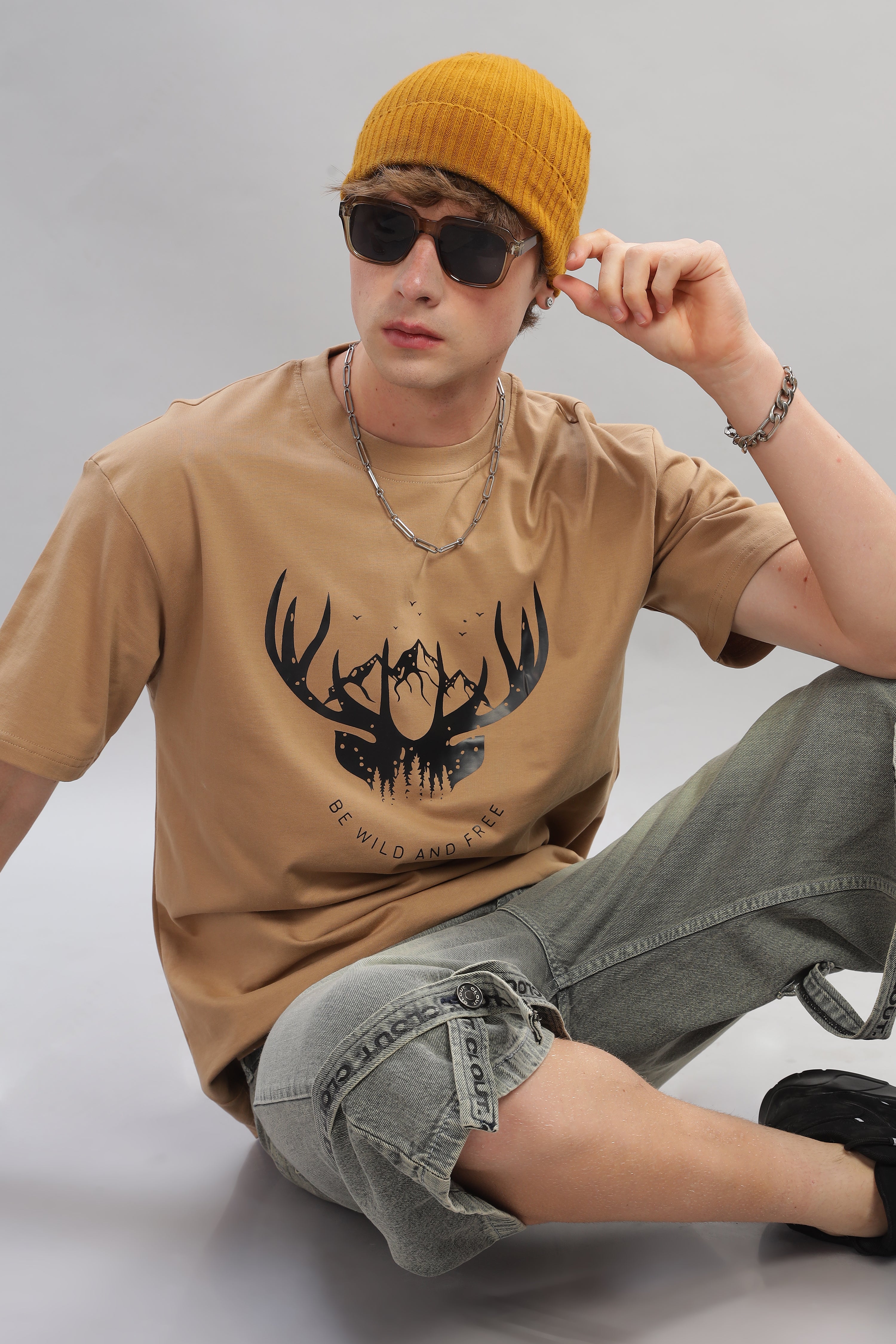 Spice Wardrobe Men Half Sleeve Oversized T-shirt, Round Neck Longline Drop Shoulder |Beige Printed Relaxed Fit T-Shirt 100% Cotton 220 GSM Fabric