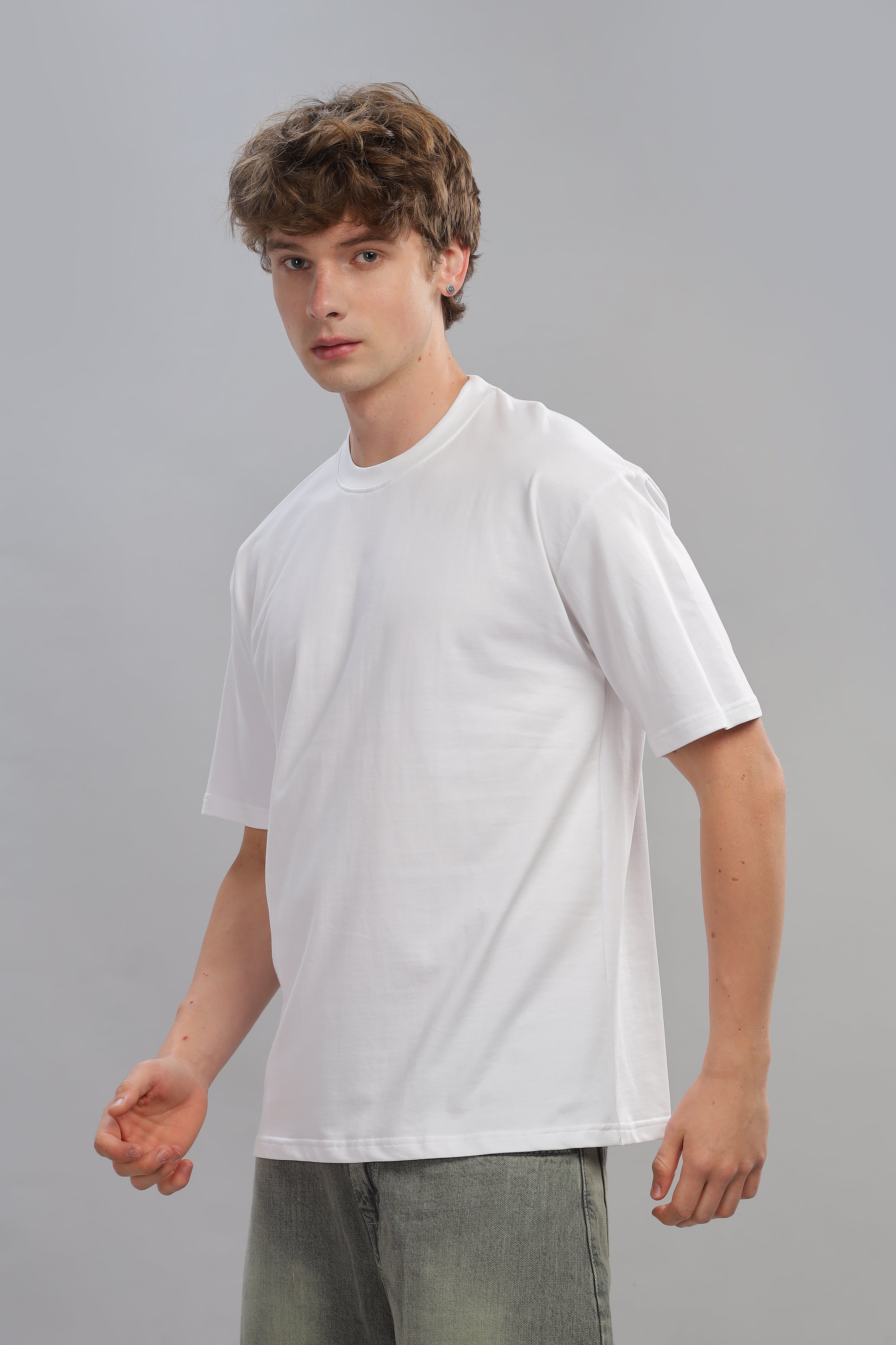 Spice Wardrobe Men Half Sleeve Oversized T-shirt, Round Neck Longline Drop Shoulder | White Plain Relaxed Fit T-Shirt 100% Cotton 220 GSM Fabric