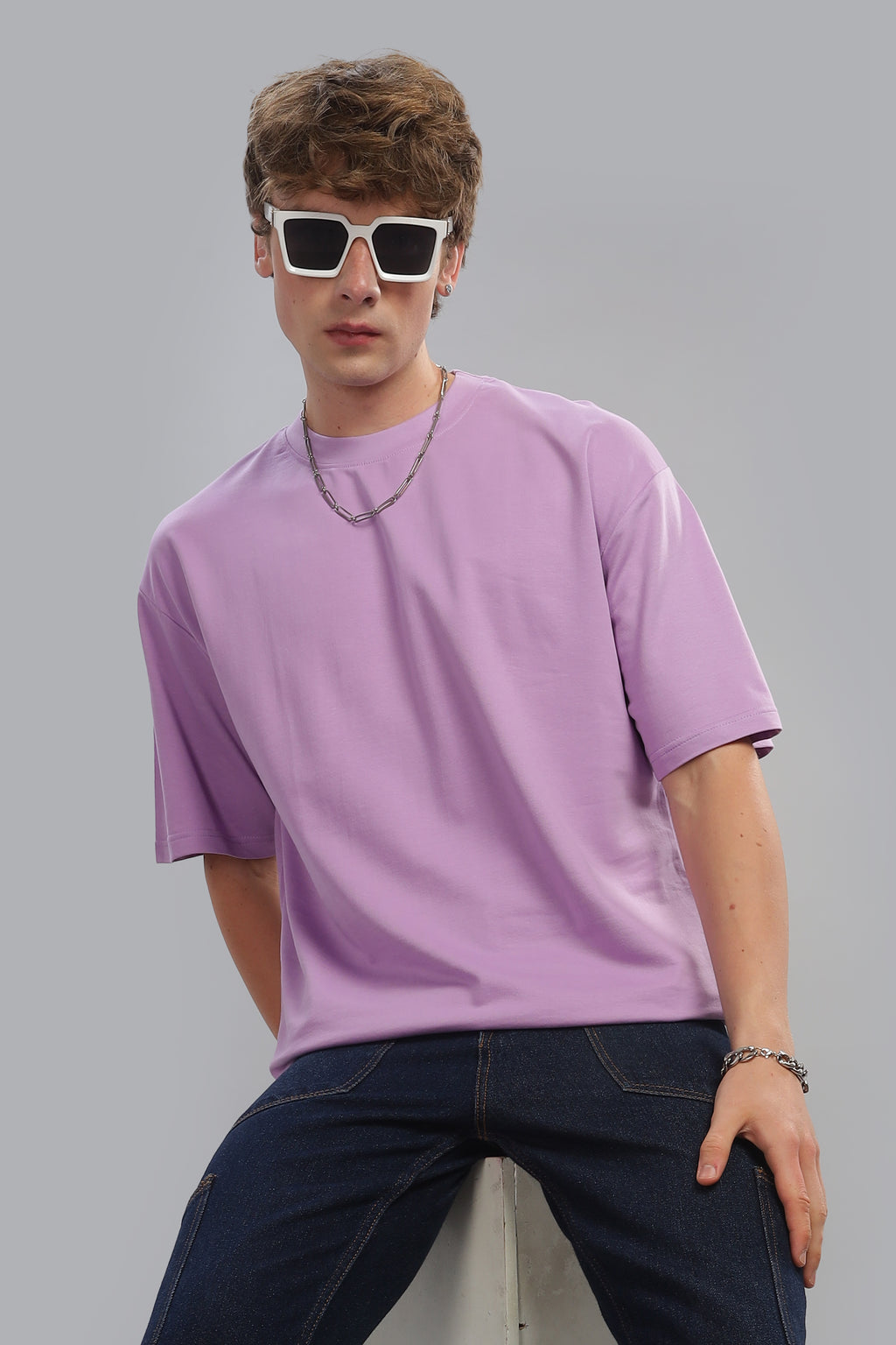 Spice Wardrobe Men Half Sleeve Oversized T-shirt, Round Neck Longline Drop Shoulder | Lavender Plain Relaxed Fit T-Shirt 100% Cotton 220 GSM Fabric