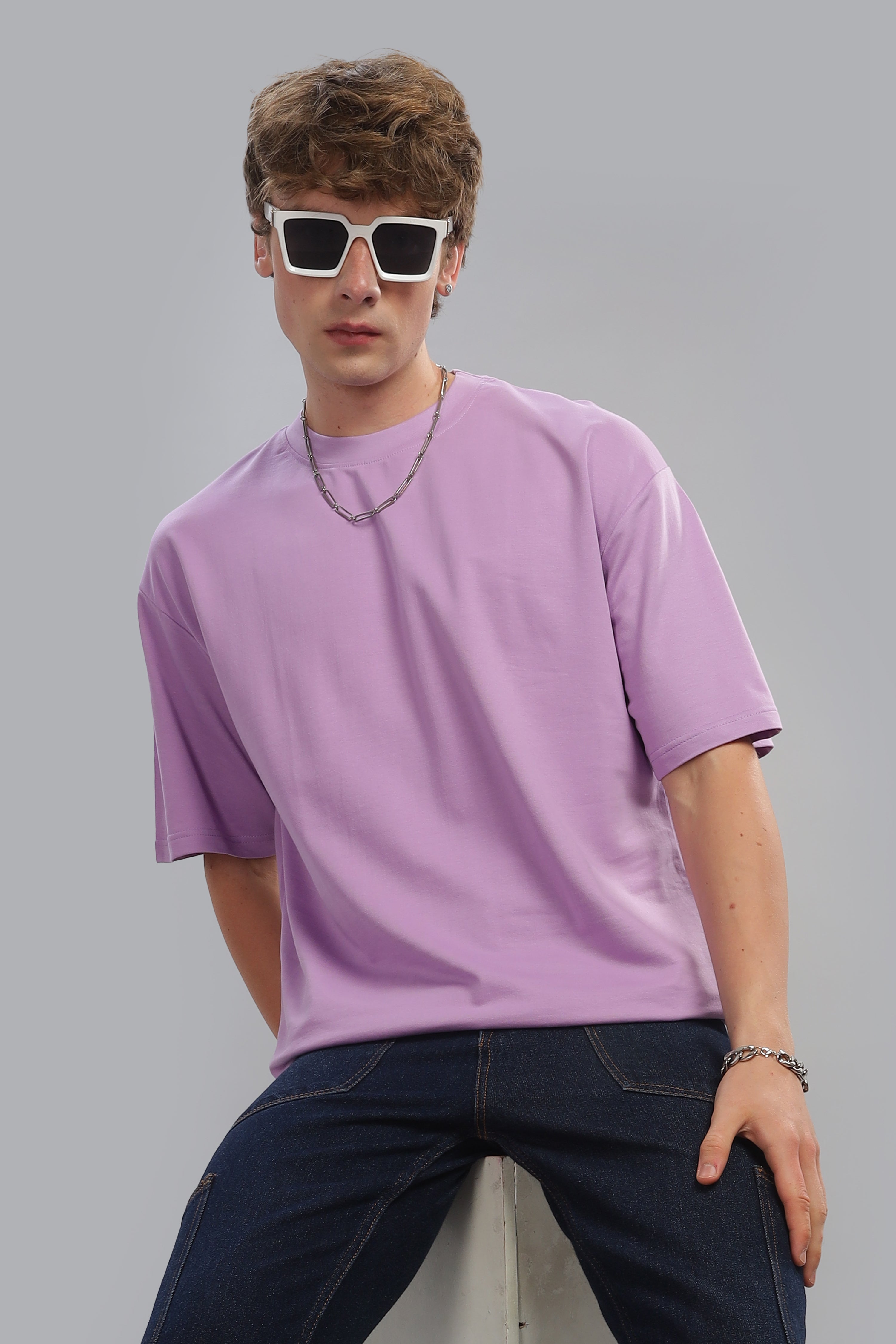 Spice Wardrobe Men Half Sleeve Oversized T-shirt, Round Neck Longline Drop Shoulder | Lavender Plain Relaxed Fit T-Shirt 100% Cotton 220 GSM Fabric