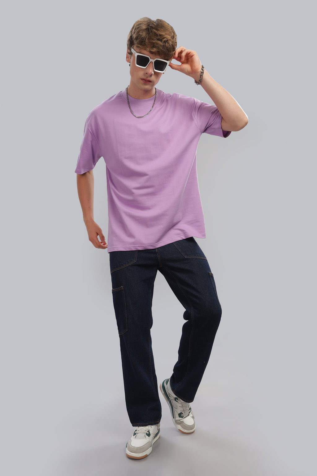 Spice Wardrobe Men Half Sleeve Oversized T-shirt, Round Neck Longline Drop Shoulder | Lavender Plain Relaxed Fit T-Shirt 100% Cotton 220 GSM Fabric