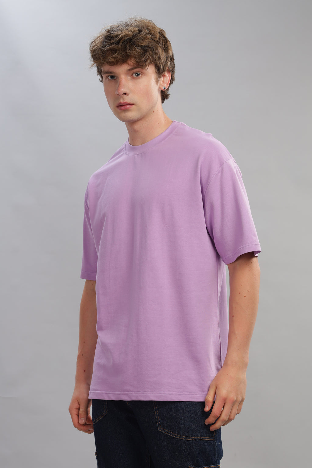 Spice Wardrobe Men Half Sleeve Oversized T-shirt, Round Neck Longline Drop Shoulder | Lavender Plain Relaxed Fit T-Shirt 100% Cotton 220 GSM Fabric