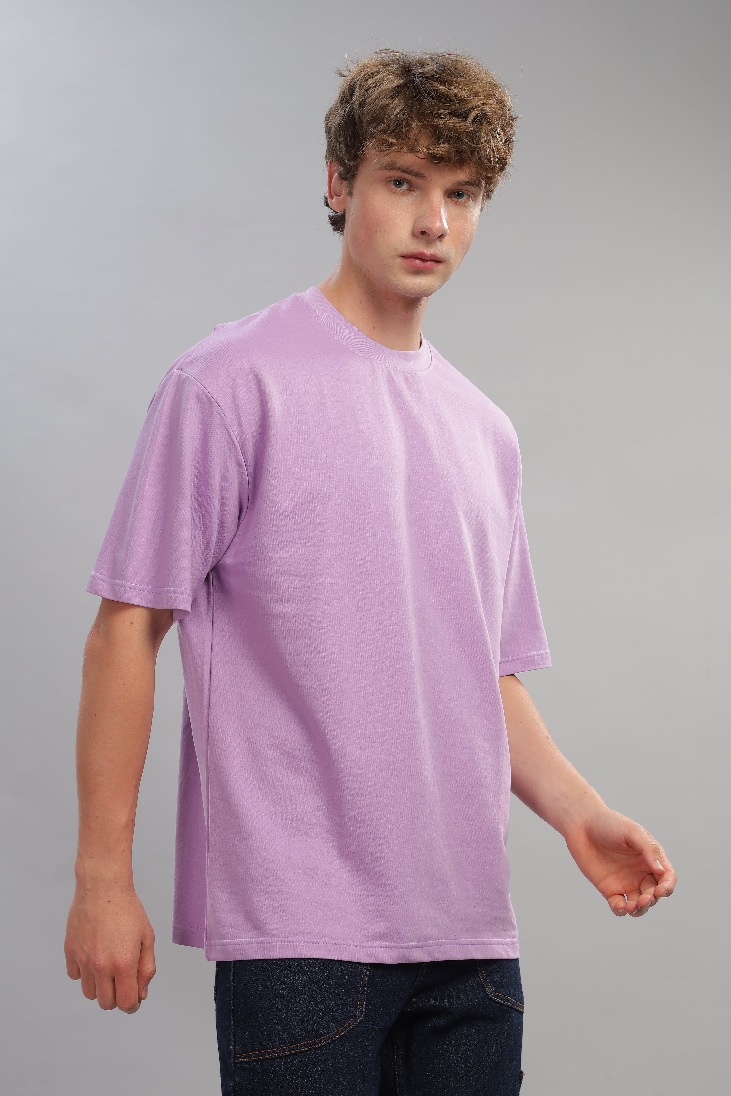 Spice Wardrobe Men Half Sleeve Oversized T-shirt, Round Neck Longline Drop Shoulder | Lavender Plain Relaxed Fit T-Shirt 100% Cotton 220 GSM Fabric