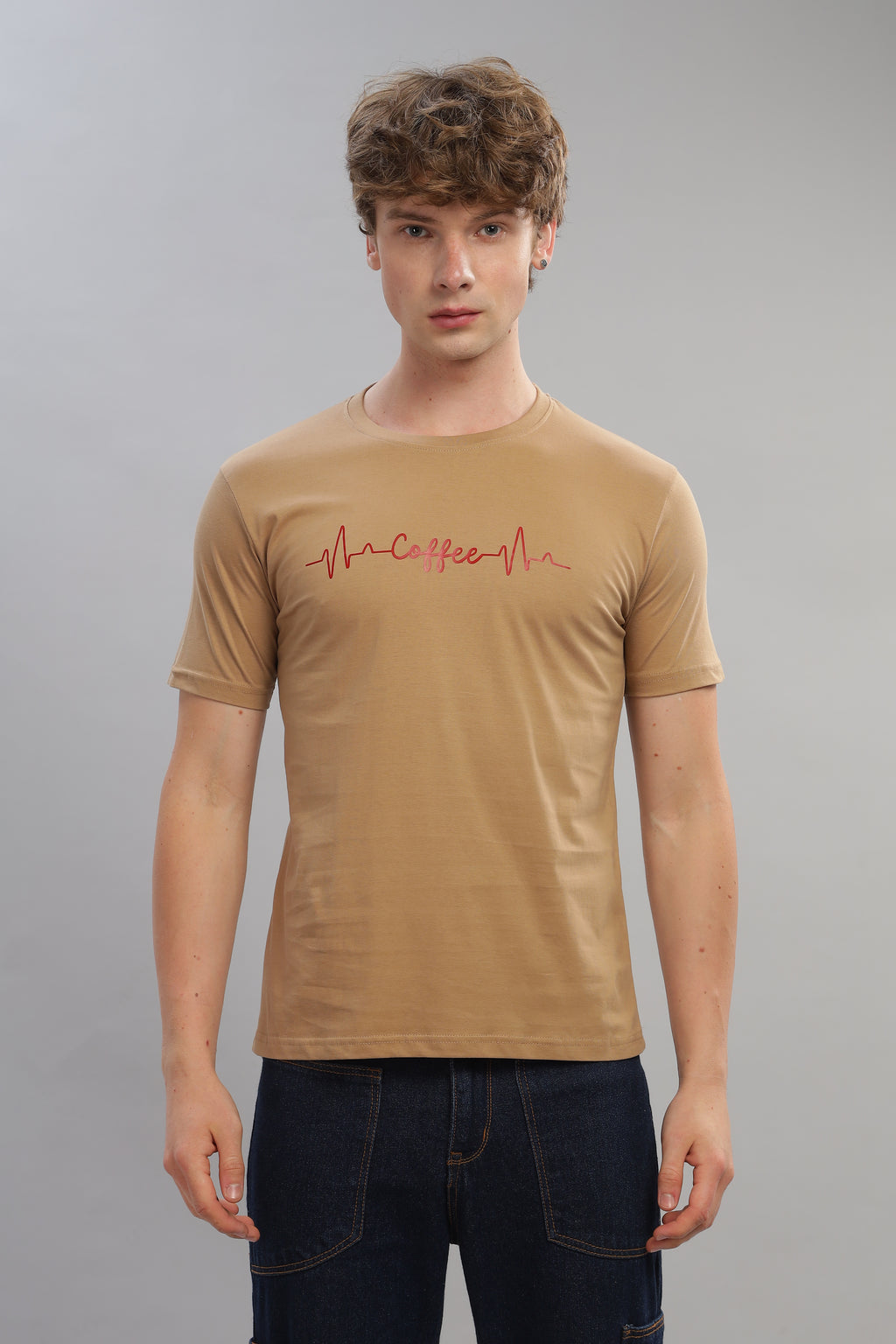 Spice Wardrobe Men’s Beige Premium Cotton Printed T-Shirt 100% Pure Cotton | Comfortable Regular Fit for Casual & Active Wear