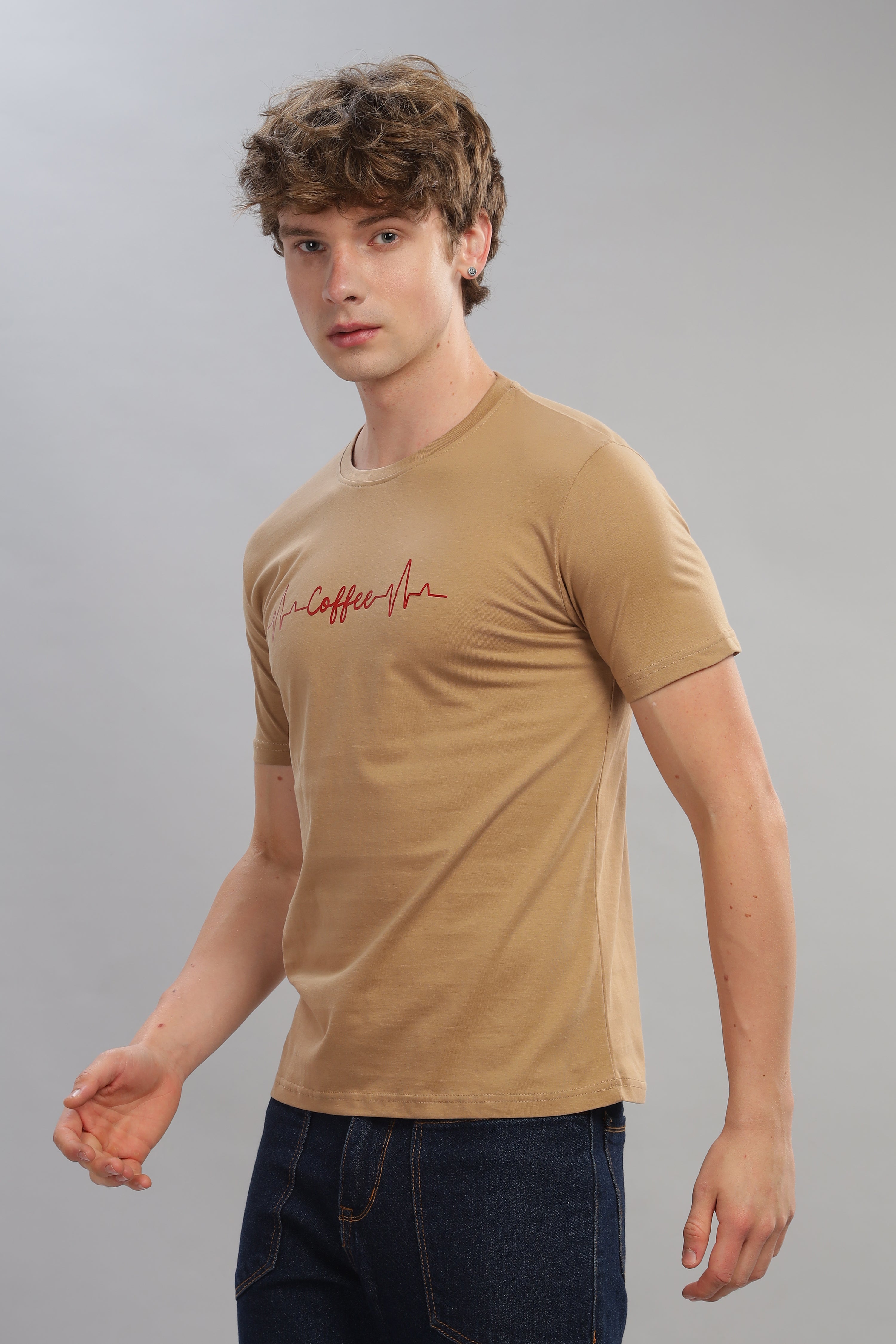 Spice Wardrobe Men’s Beige Premium Cotton Printed T-Shirt 100% Pure Cotton | Comfortable Regular Fit for Casual & Active Wear