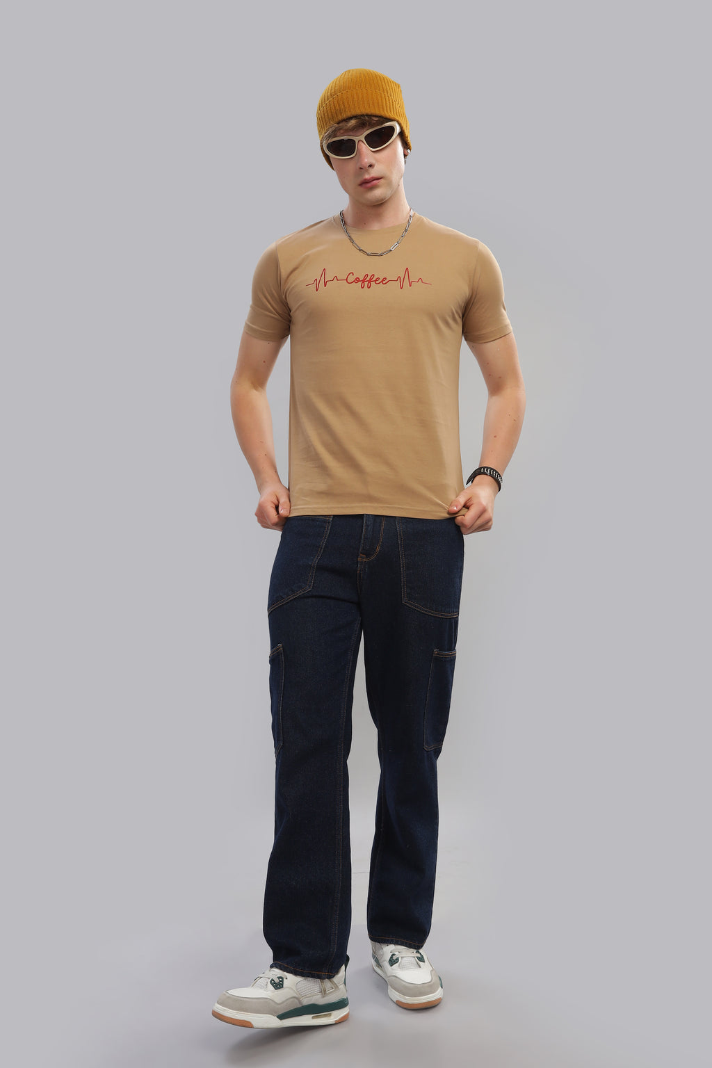 Spice Wardrobe Men’s Beige Premium Cotton Printed T-Shirt 100% Pure Cotton | Comfortable Regular Fit for Casual & Active Wear