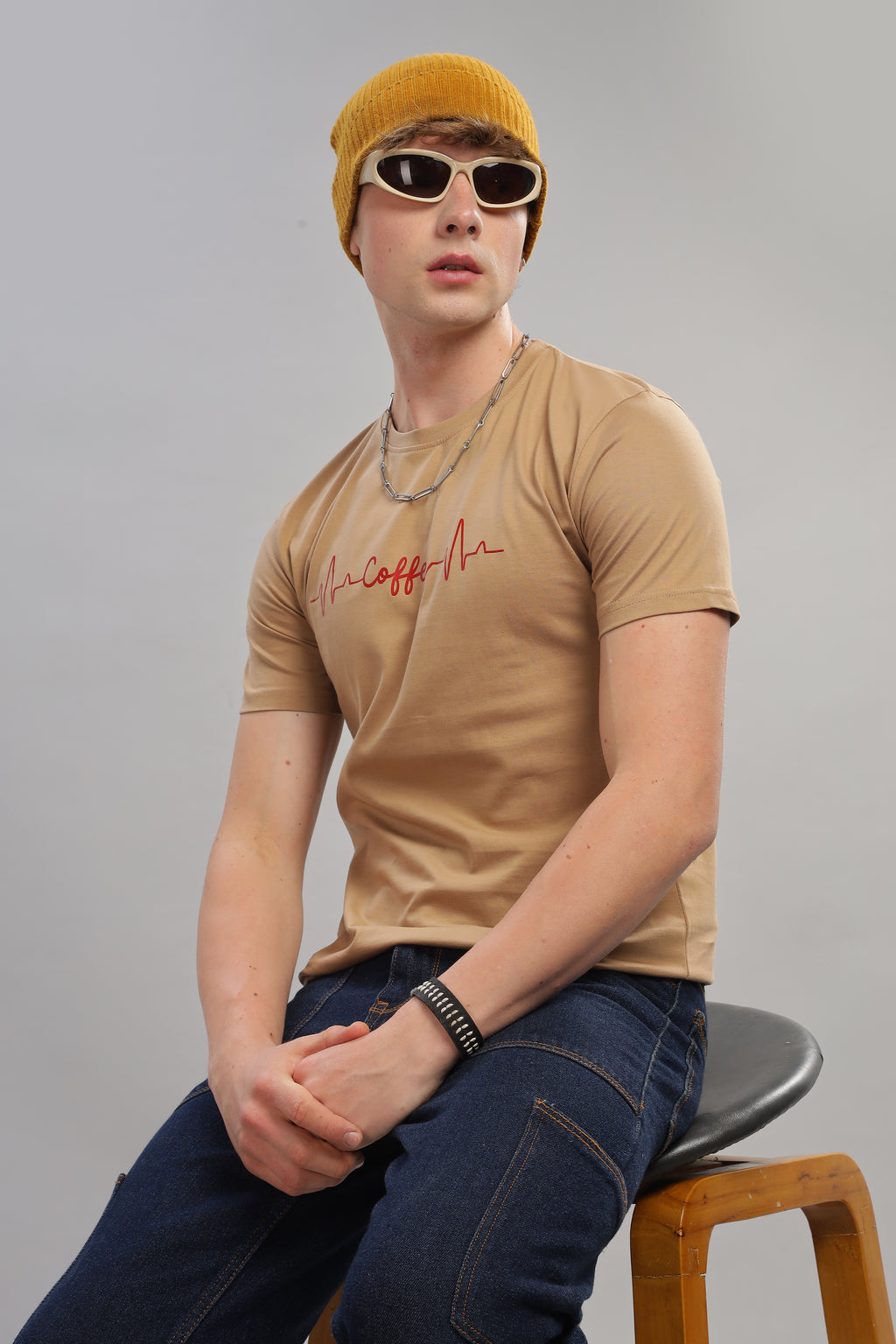 Spice Wardrobe Men’s Beige Premium Cotton Printed T-Shirt 100% Pure Cotton | Comfortable Regular Fit for Casual & Active Wear