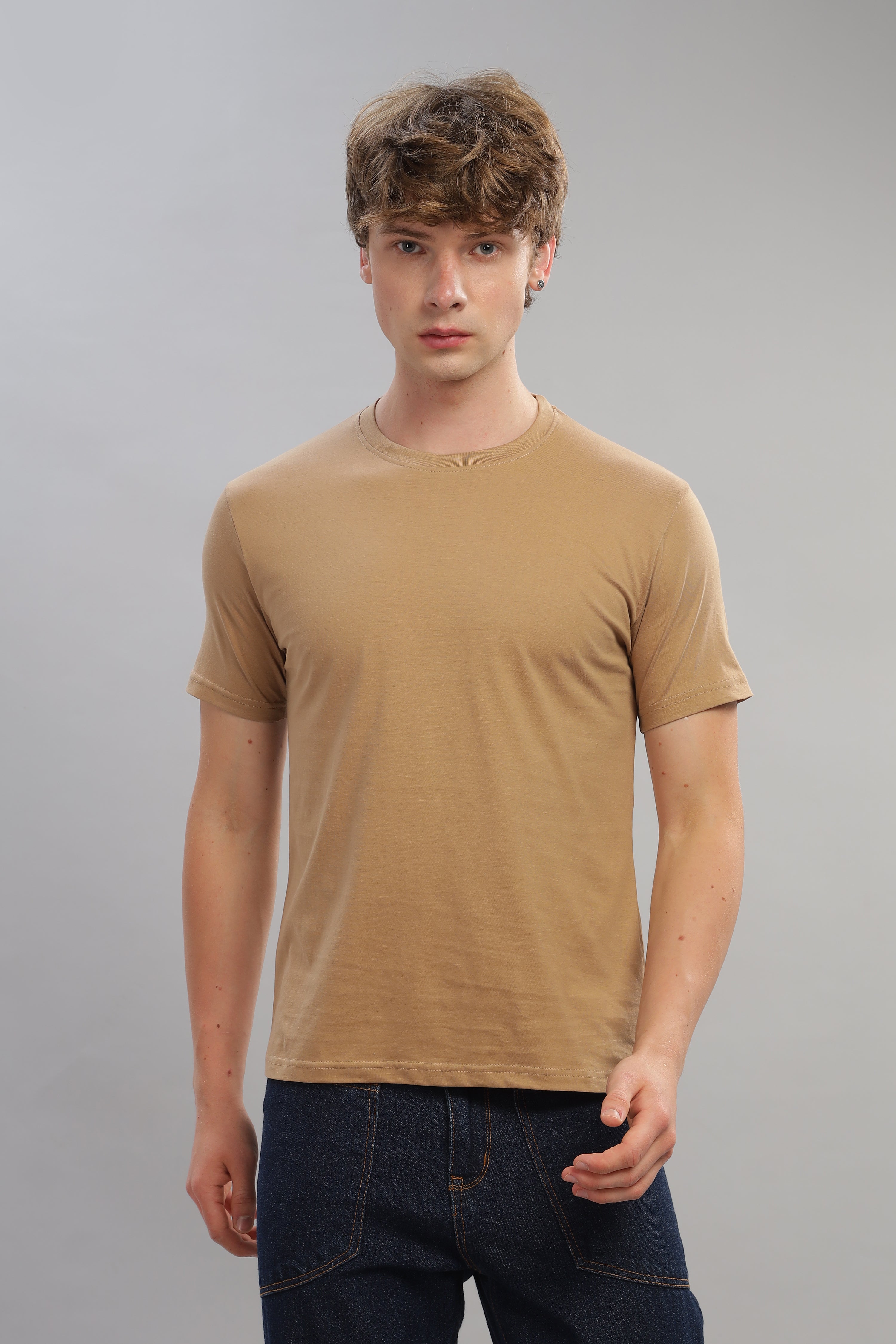 Spice Wardrobe Men’s Plain Beige Premium Cotton T-Shirt 100% Pure Cotton | Comfortable Regular Fit for Casual & Active Wear