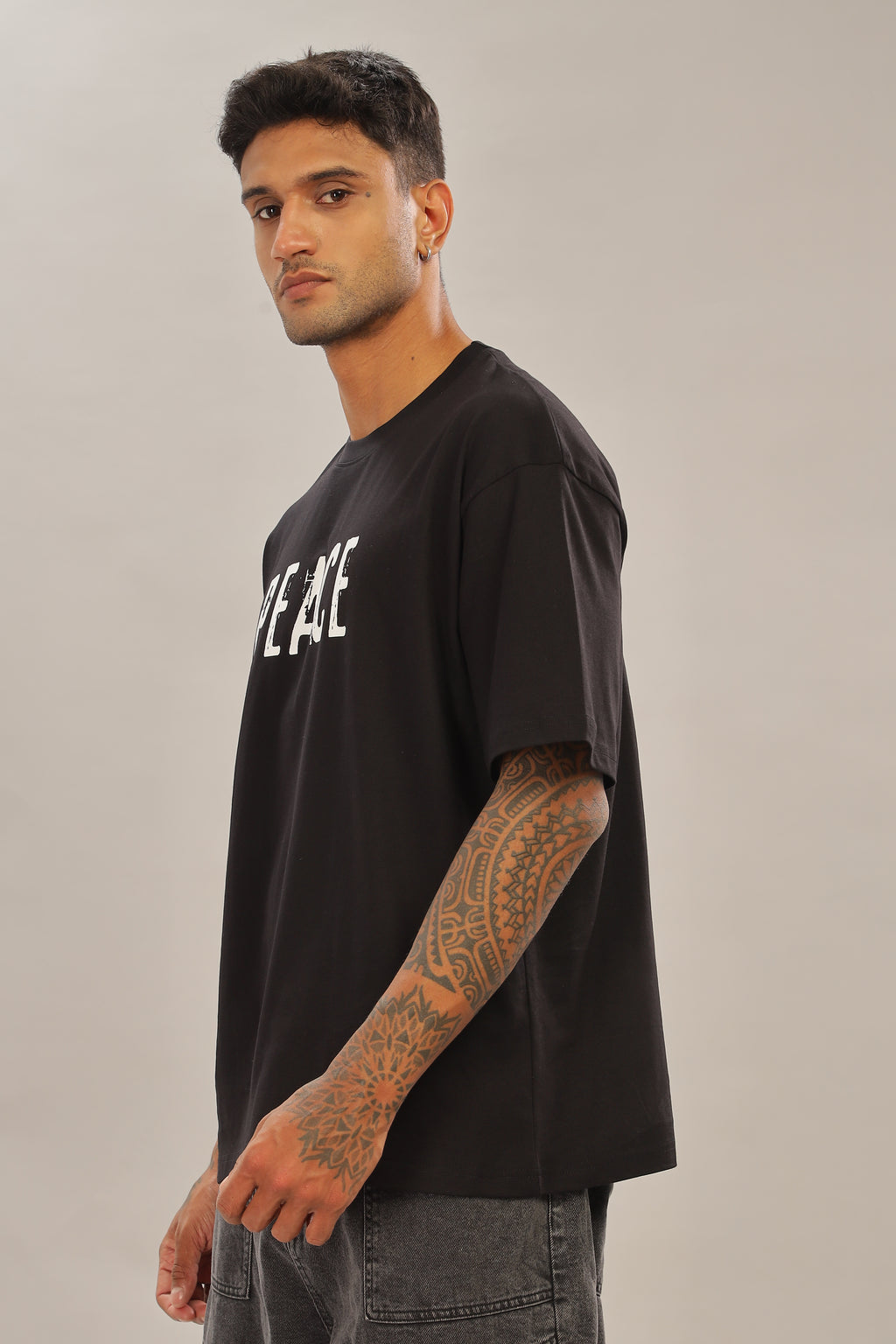 Spice Wardrobe Men Half Sleeve Oversized T-shirt, Round Neck Longline Drop Shoulder | Black Printed Relaxed Fit T-Shirt Cotton 180 GSM Fabric