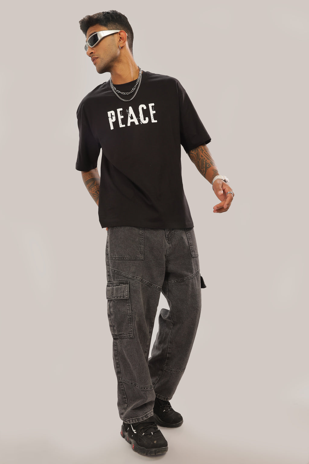 Spice Wardrobe Men Half Sleeve Oversized T-shirt, Round Neck Longline Drop Shoulder | Black Printed Relaxed Fit T-Shirt Cotton 180 GSM Fabric