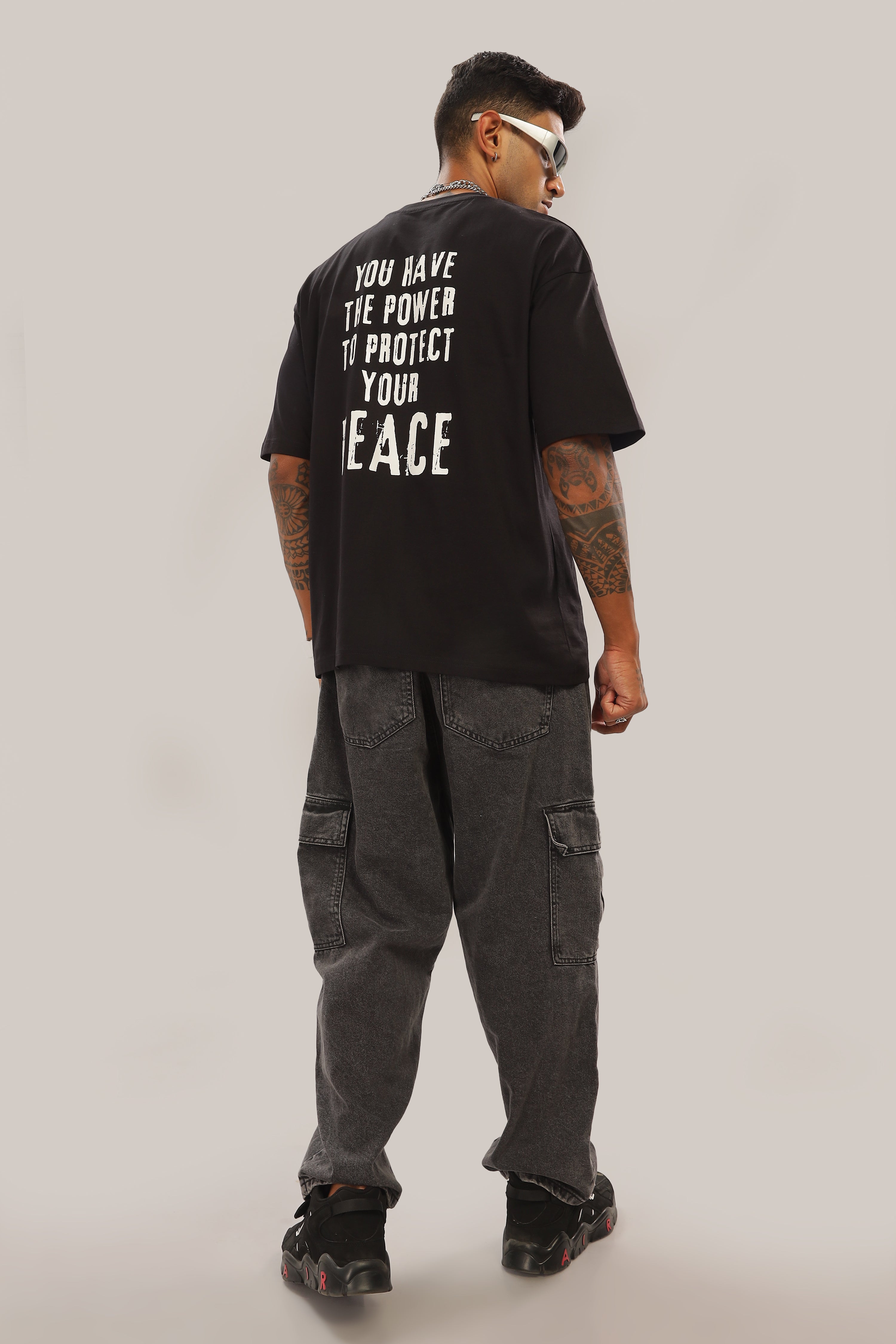 Spice Wardrobe Men Half Sleeve Oversized T-shirt, Round Neck Longline Drop Shoulder | Black Printed Relaxed Fit T-Shirt Cotton 180 GSM Fabric