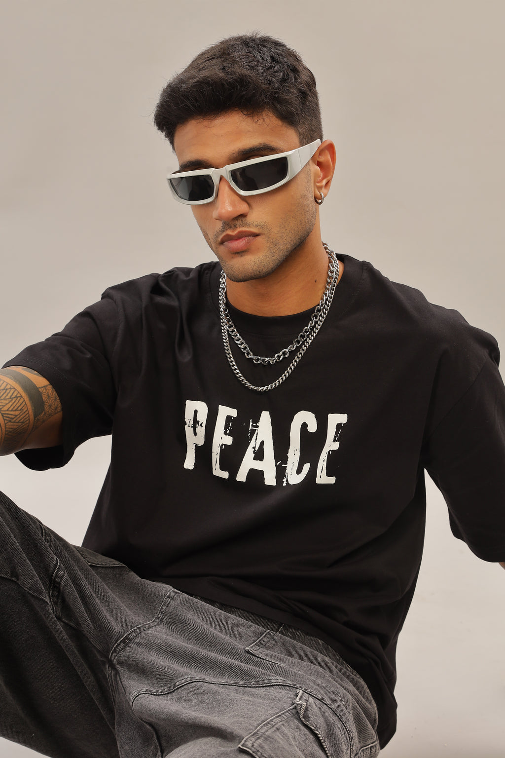 Spice Wardrobe Men Half Sleeve Oversized T-shirt, Round Neck Longline Drop Shoulder | Black Printed Relaxed Fit T-Shirt Cotton 180 GSM Fabric