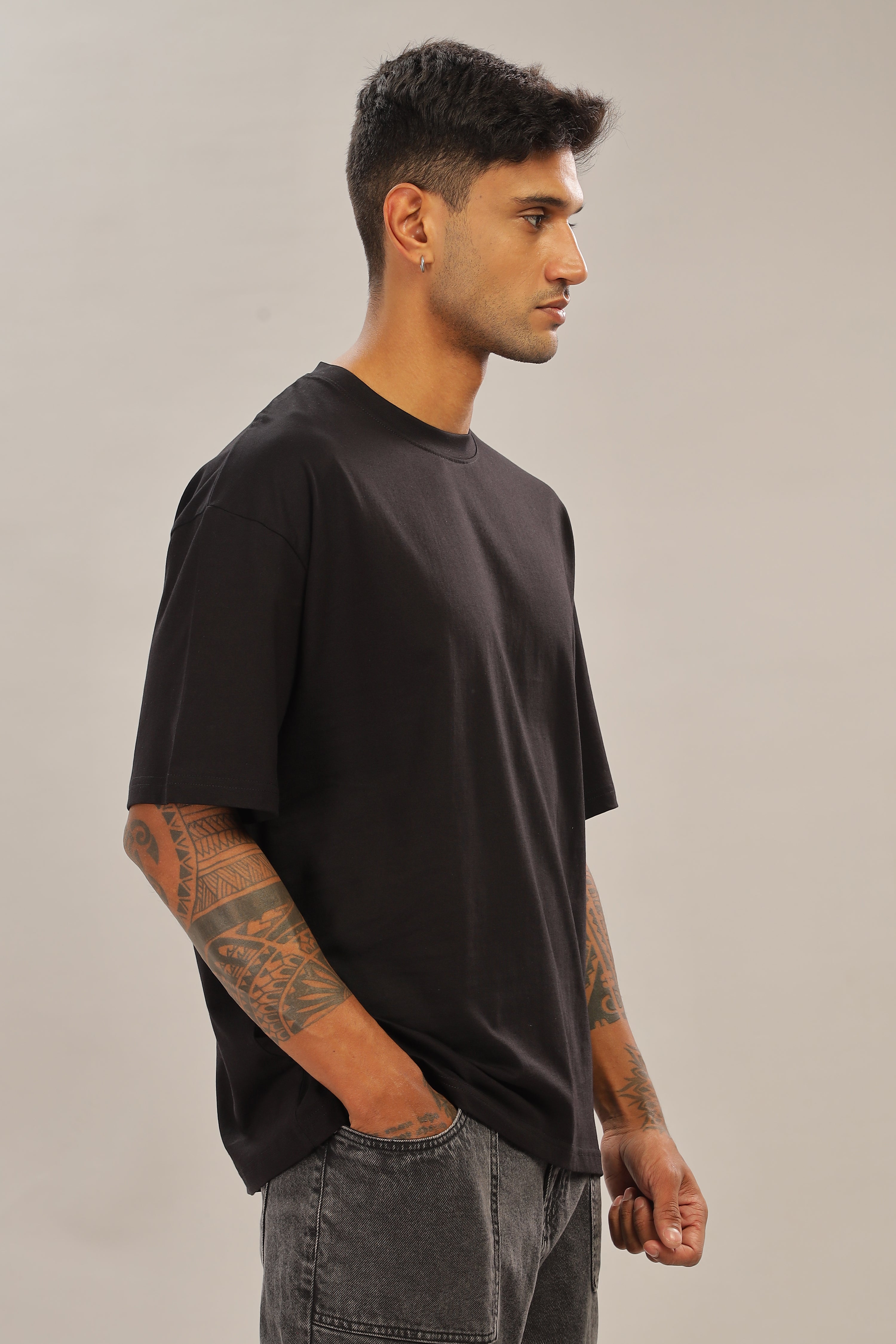 Spice Wardrobe Men Half Sleeve Oversized T-shirt, Round Neck Longline Drop Shoulder | Plain Black Relaxed Fit T-Shirt 100% Cotton 180 GSM Fabric (Copy)