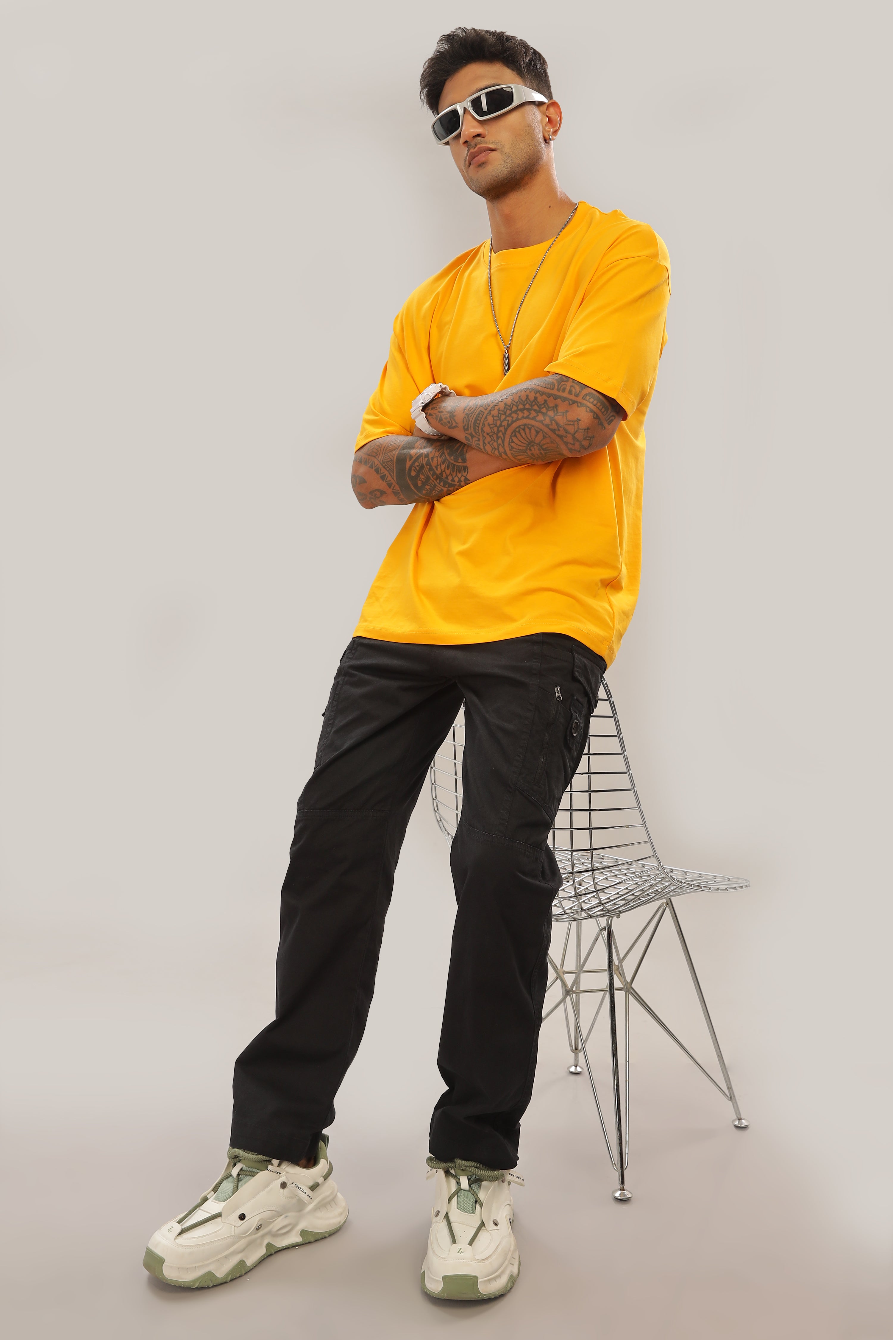 Spice Wardrobe Men Half Sleeve Oversized T-shirt, Round Neck Longline Drop Shoulder | Plain Yellow Relaxed Fit T-Shirt 100% Cotton 180 GSM Fabric