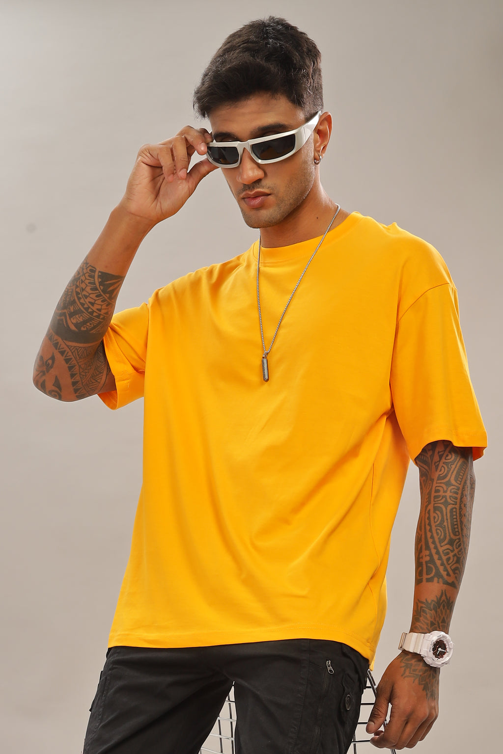 Spice Wardrobe Men Half Sleeve Oversized T-shirt, Round Neck Longline Drop Shoulder | Plain Yellow Relaxed Fit T-Shirt 100% Cotton 180 GSM Fabric