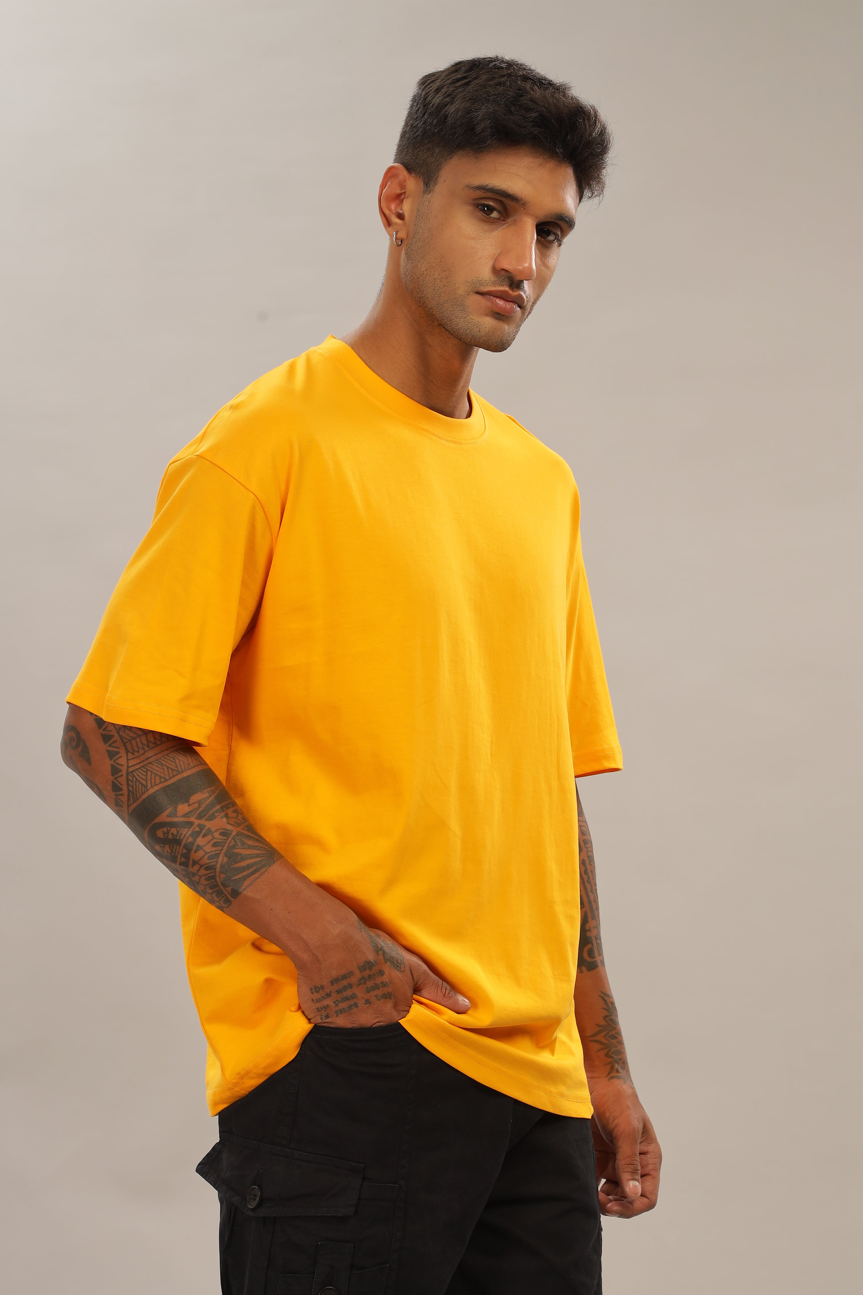 Spice Wardrobe Men Half Sleeve Oversized T-shirt, Round Neck Longline Drop Shoulder | Plain Yellow Relaxed Fit T-Shirt 100% Cotton 180 GSM Fabric