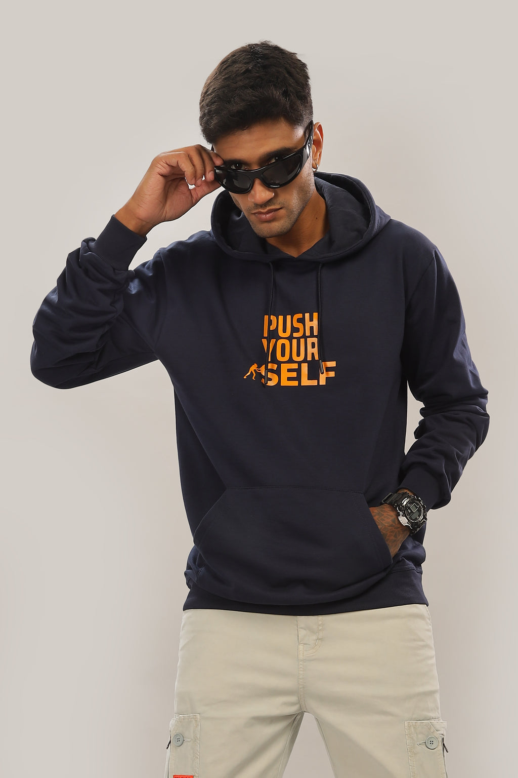 Spice Wardrobe Navy Blue Printed Hoodie for Men/Women || Casual Regular Wear Printed Solid Cotton Fleece Hoodie Sweatshirt