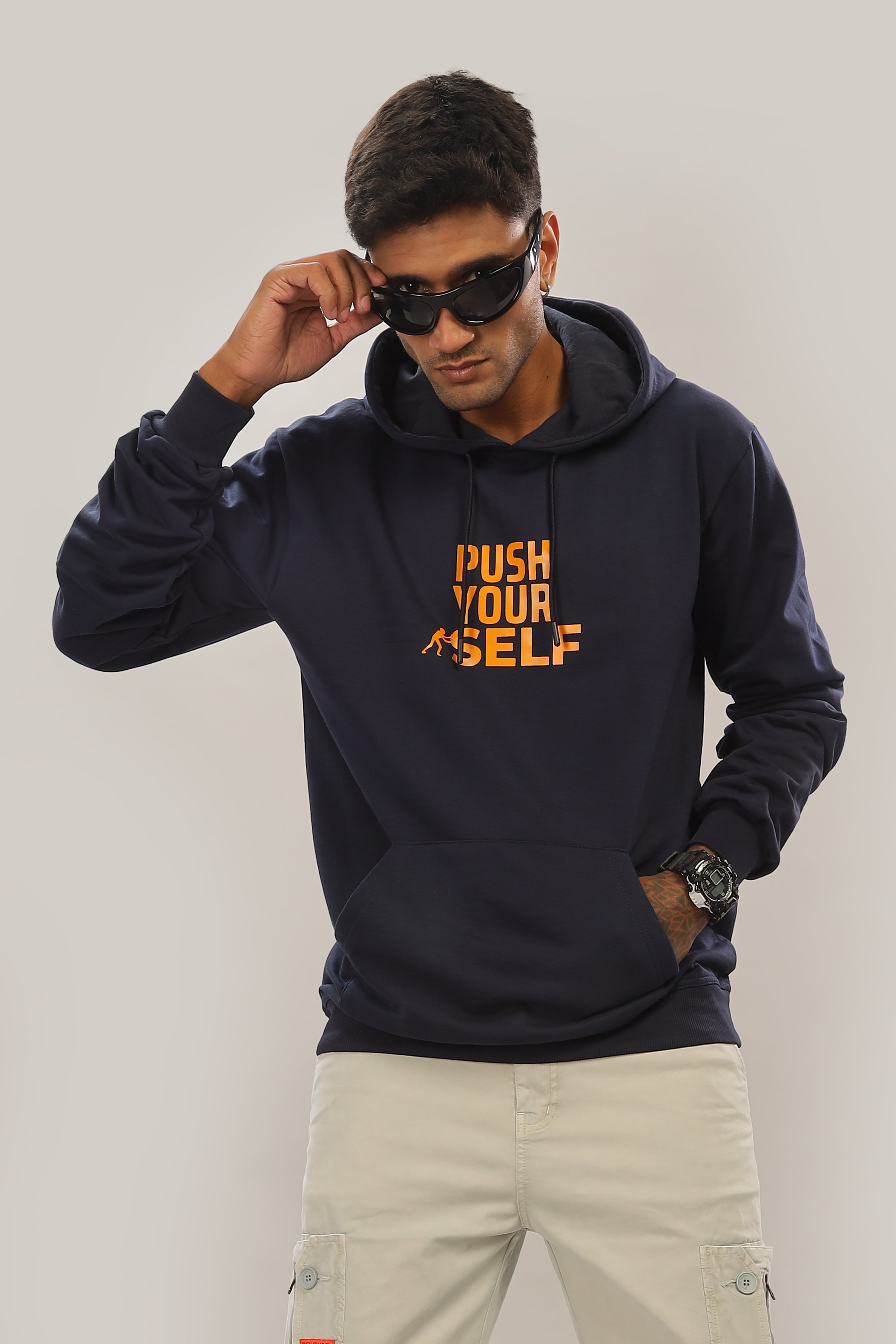 Spice Wardrobe Navy Blue Printed Hoodie for Men/Women || Casual Regular Wear Printed Solid Cotton Fleece Hoodie Sweatshirt
