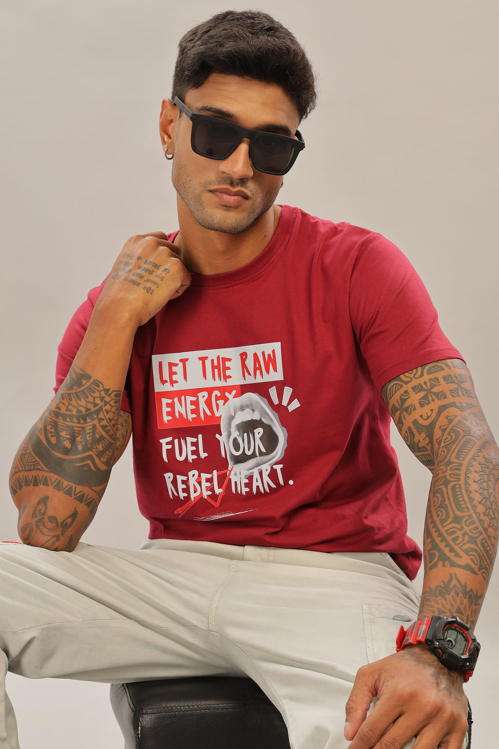 Spice Wardrobe Men’s Maroon Premium Cotton Printed T-Shirt 100% Pure Cotton | Comfortable Regular Fit for Casual & Active Wear