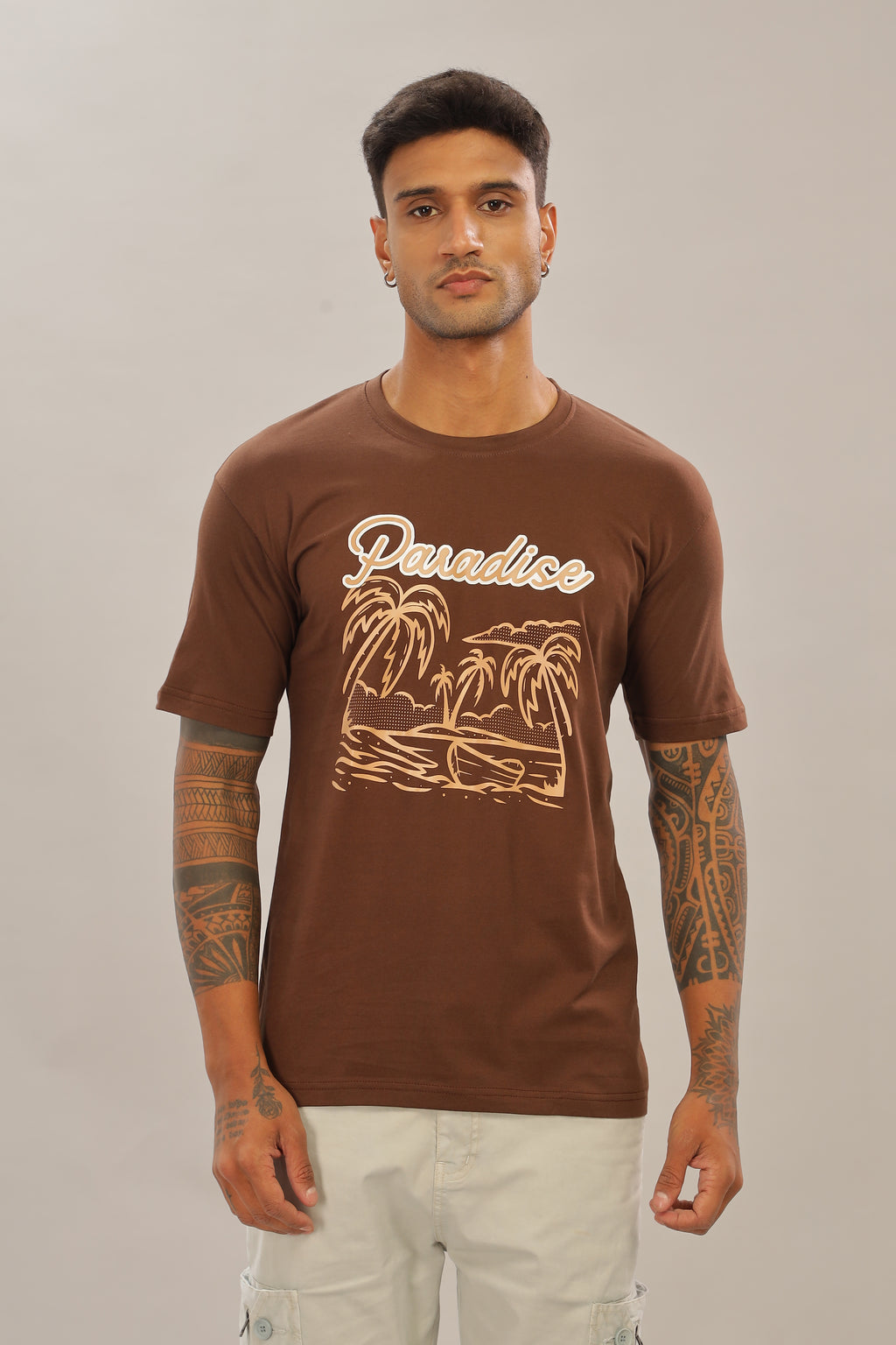 Spice Wardrobe Men’s Brown Premium Cotton Printed T-Shirt 100% Pure Cotton | Comfortable Regular Fit for Casual & Active Wear