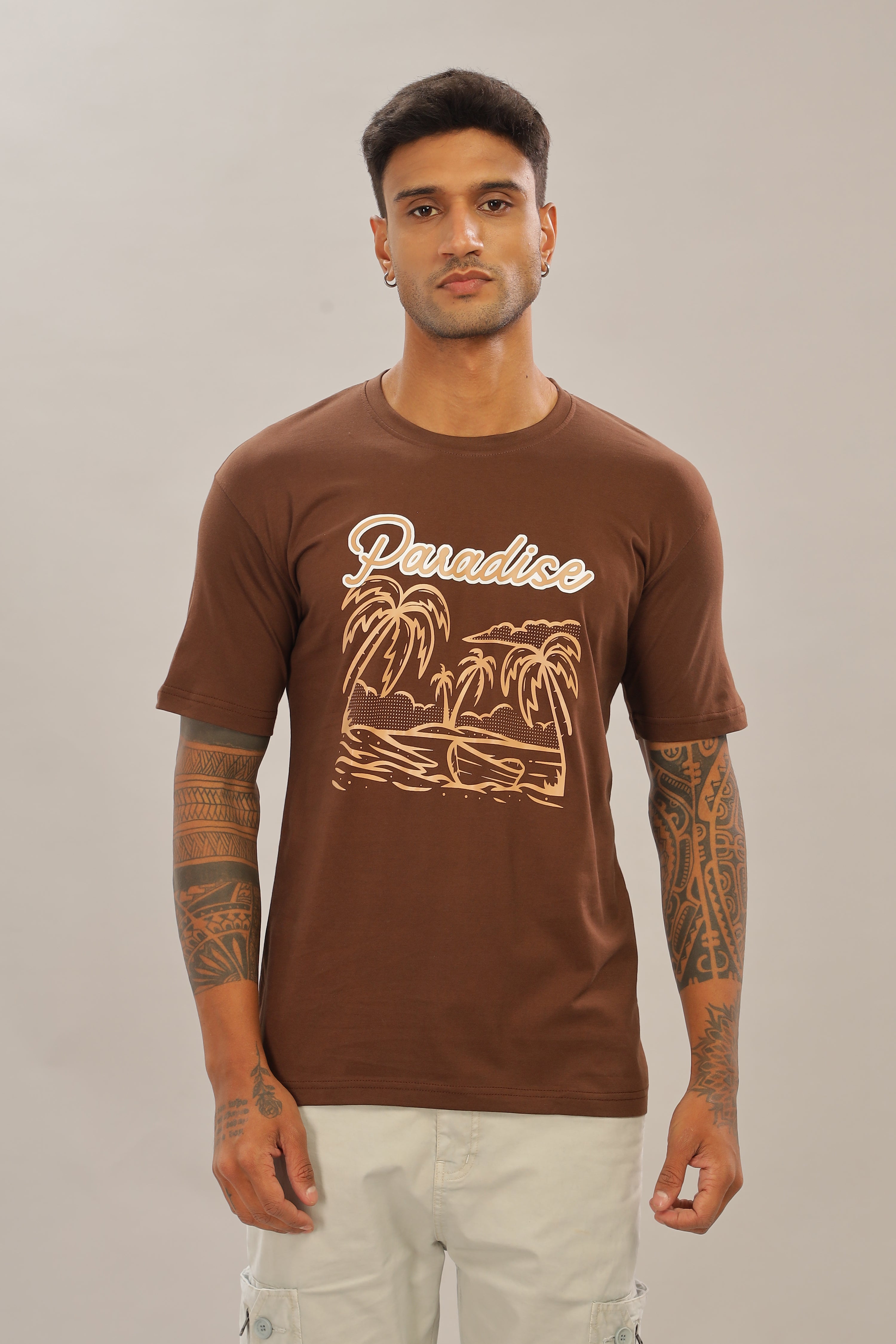 Spice Wardrobe Men’s Brown Premium Cotton Printed T-Shirt 100% Pure Cotton | Comfortable Regular Fit for Casual & Active Wear