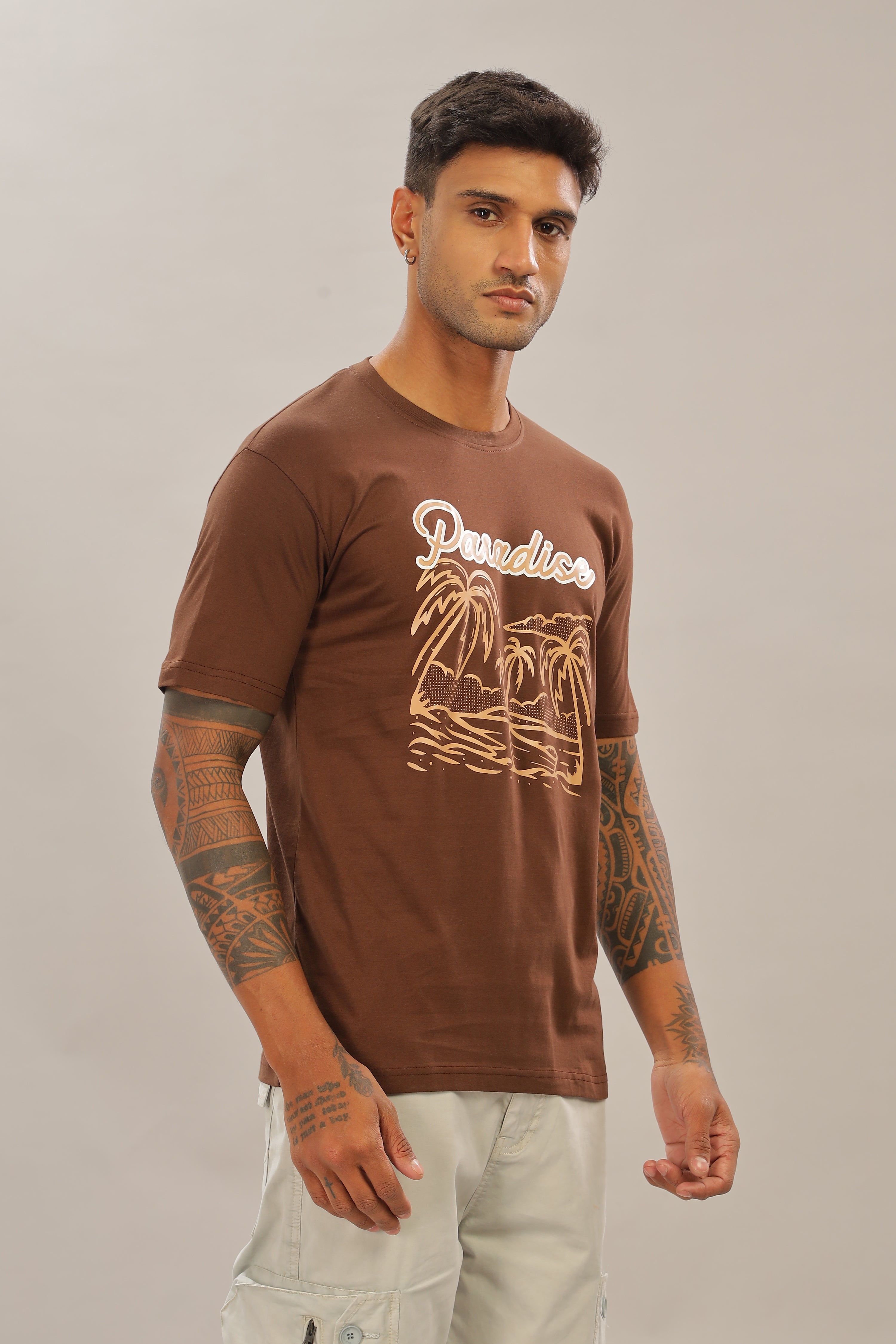 Spice Wardrobe Men’s Brown Premium Cotton Printed T-Shirt 100% Pure Cotton | Comfortable Regular Fit for Casual & Active Wear
