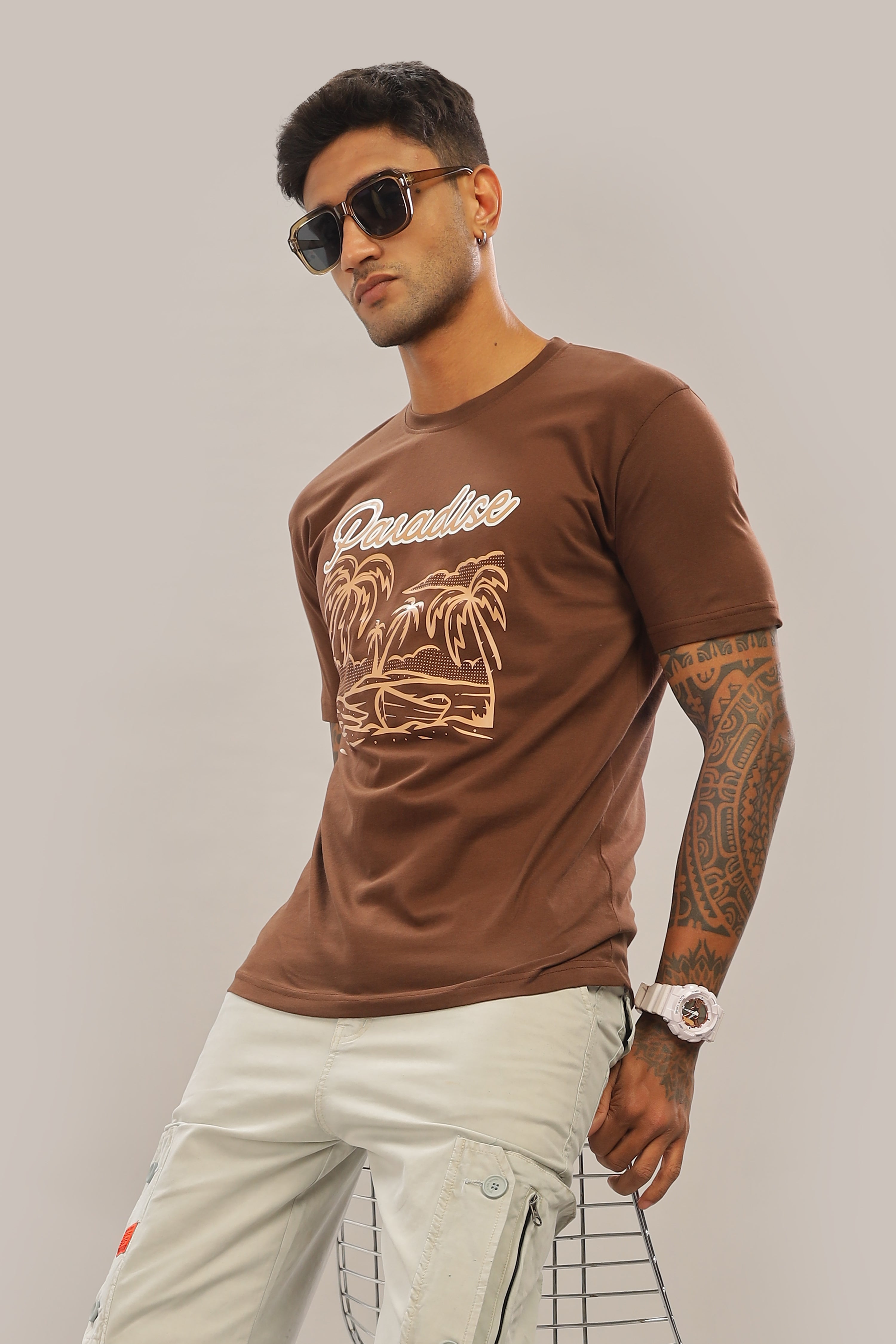 Spice Wardrobe Men’s Brown Premium Cotton Printed T-Shirt 100% Pure Cotton | Comfortable Regular Fit for Casual & Active Wear