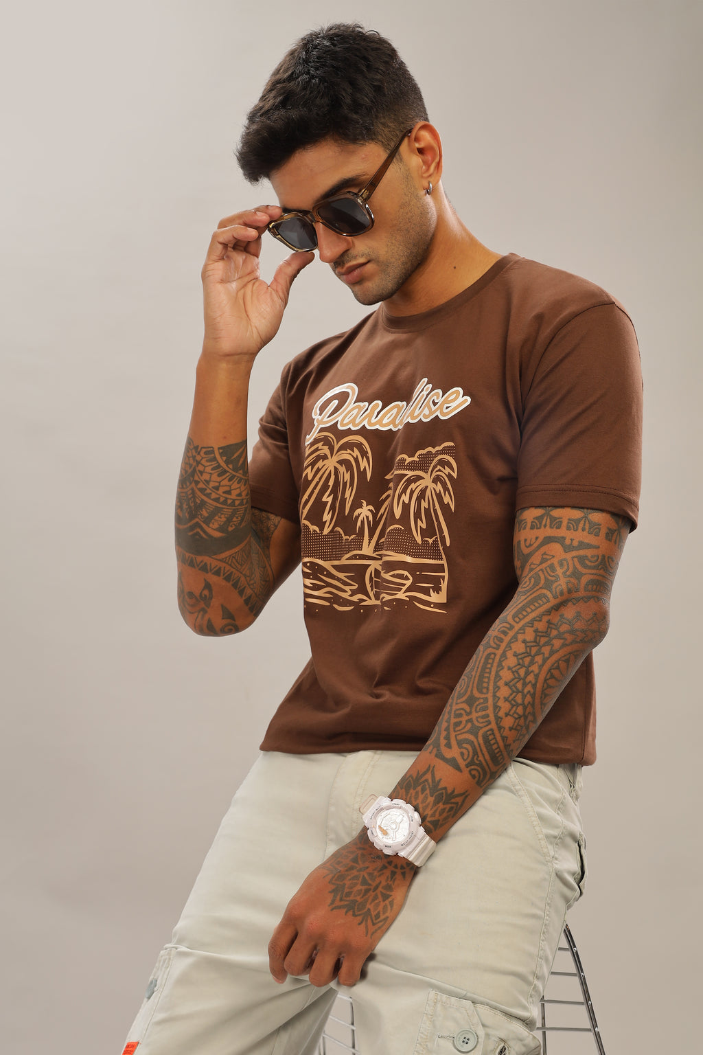 Spice Wardrobe Men’s Brown Premium Cotton Printed T-Shirt 100% Pure Cotton | Comfortable Regular Fit for Casual & Active Wear