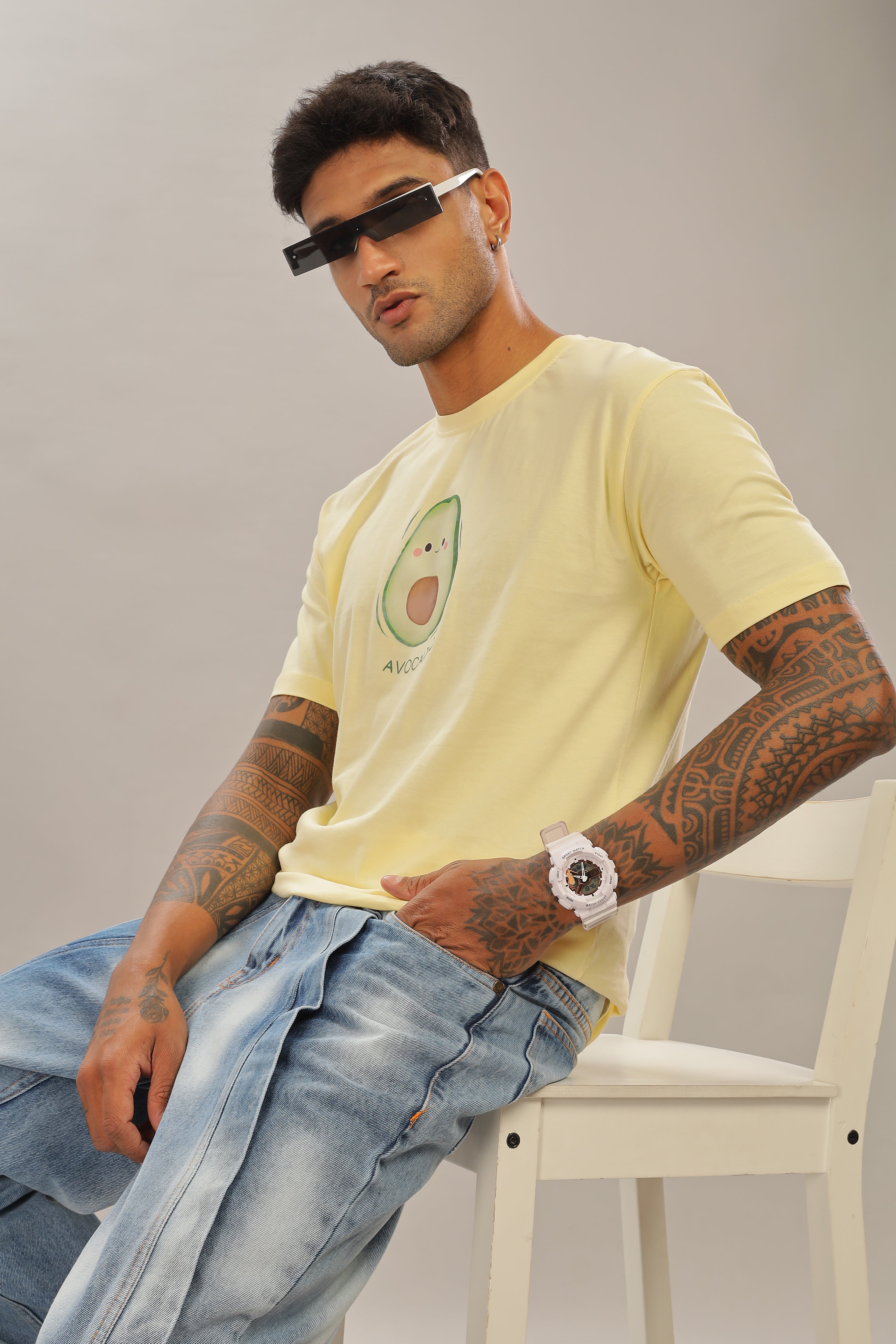 Spice Wardrobe Men’s Light Yellow Premium Cotton Printed T-Shirt 100% Pure Cotton | Comfortable Regular Fit for Casual & Active Wear