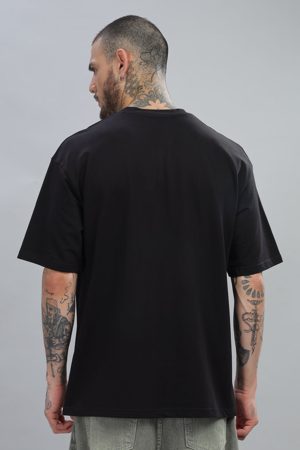 Spice Wardrobe Men Half Sleeve Oversized T-shirt, Round Neck Longline Drop Shoulder |Black Printed Relaxed Fit T-Shirt 100% Cotton 220 GSM Fabric