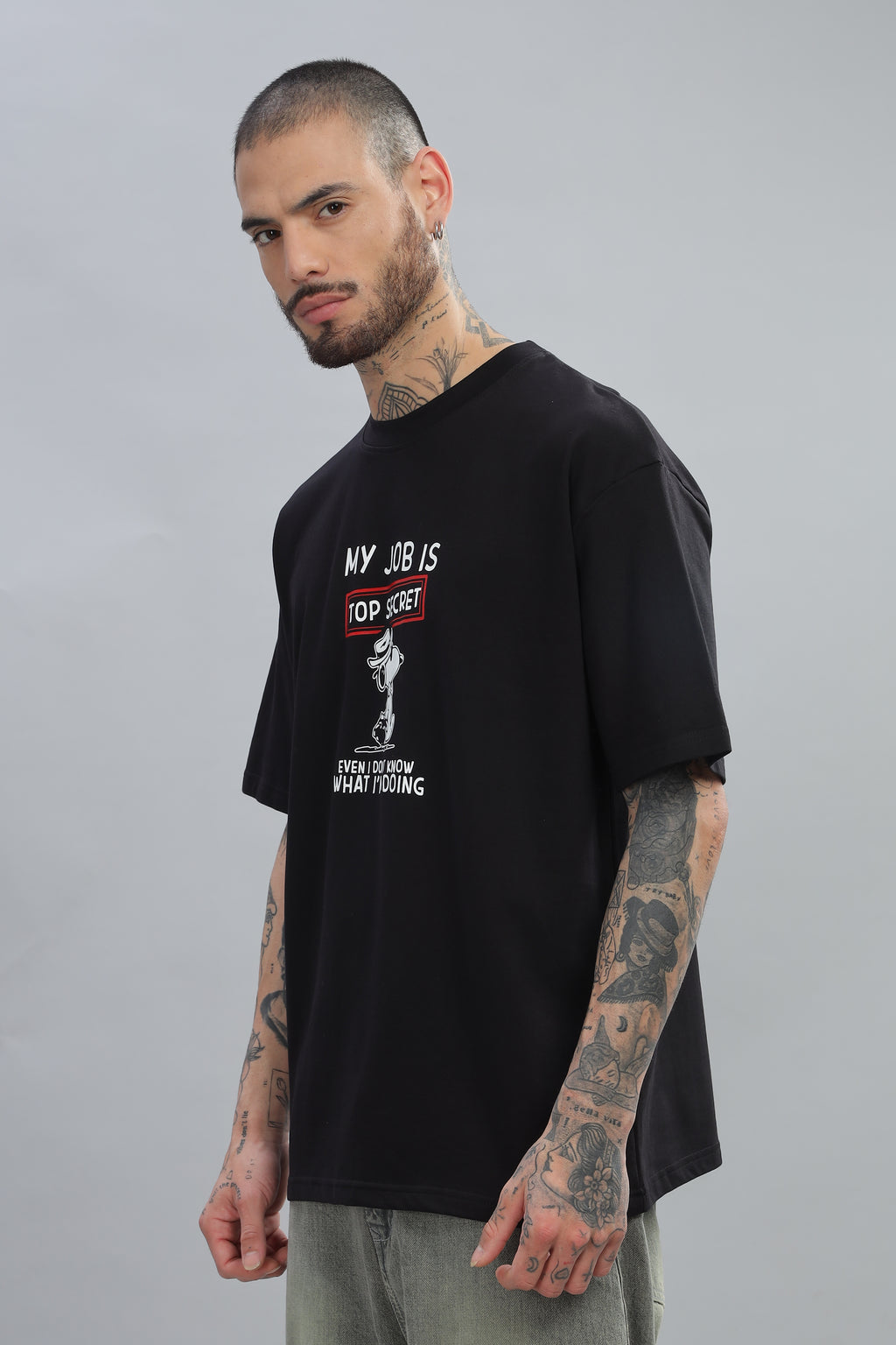 Spice Wardrobe Men Half Sleeve Oversized T-shirt, Round Neck Longline Drop Shoulder |Black Printed Relaxed Fit T-Shirt 100% Cotton 220 GSM Fabric