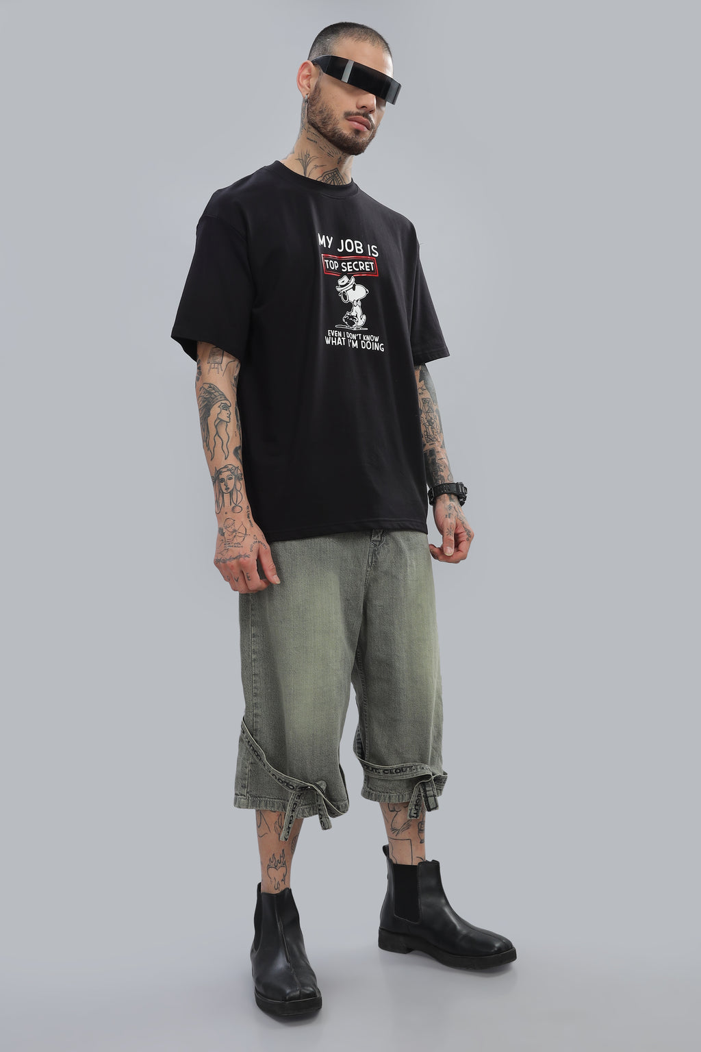 Spice Wardrobe Men Half Sleeve Oversized T-shirt, Round Neck Longline Drop Shoulder |Black Printed Relaxed Fit T-Shirt 100% Cotton 220 GSM Fabric