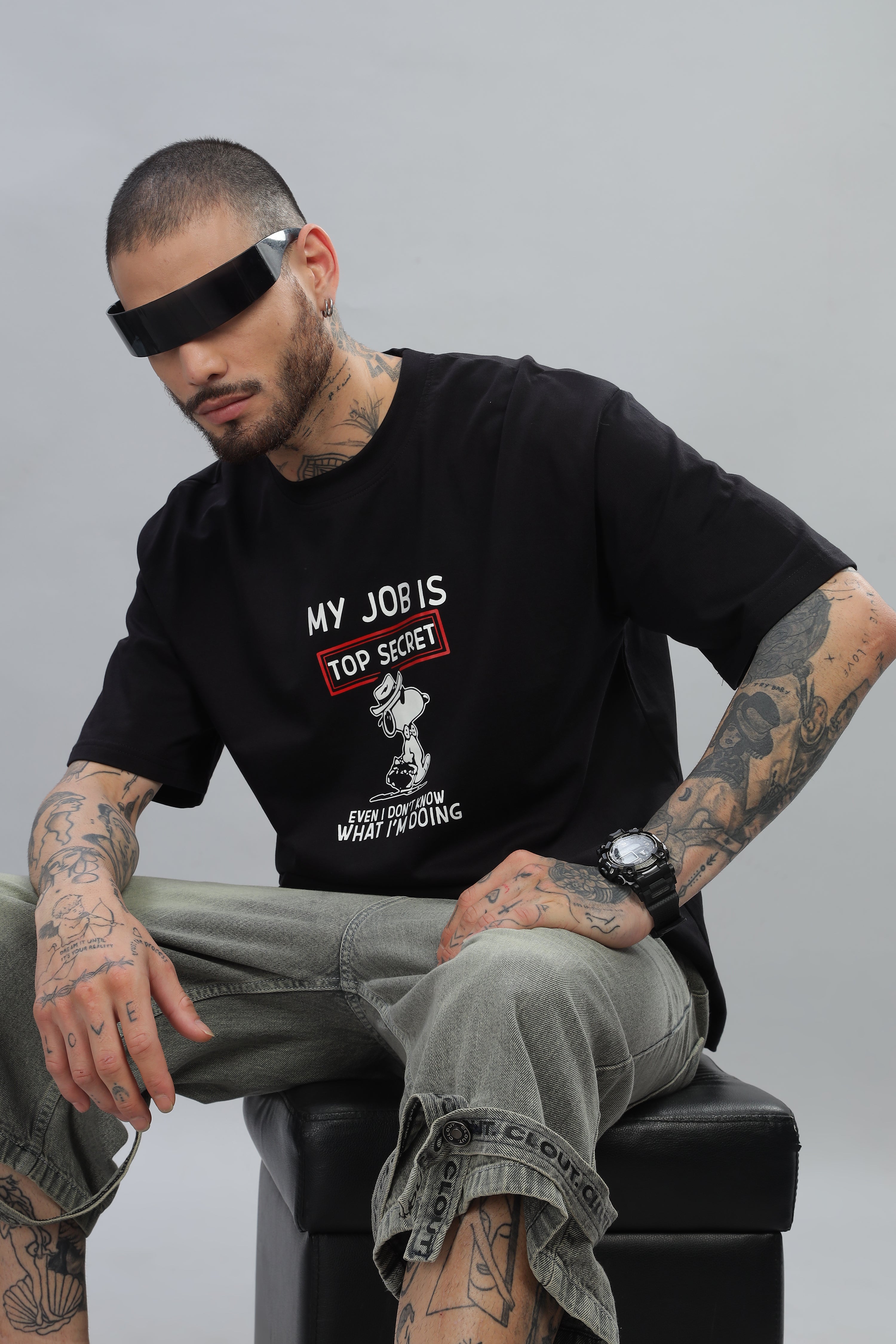 Spice Wardrobe Men Half Sleeve Oversized T-shirt, Round Neck Longline Drop Shoulder |Black Printed Relaxed Fit T-Shirt 100% Cotton 220 GSM Fabric