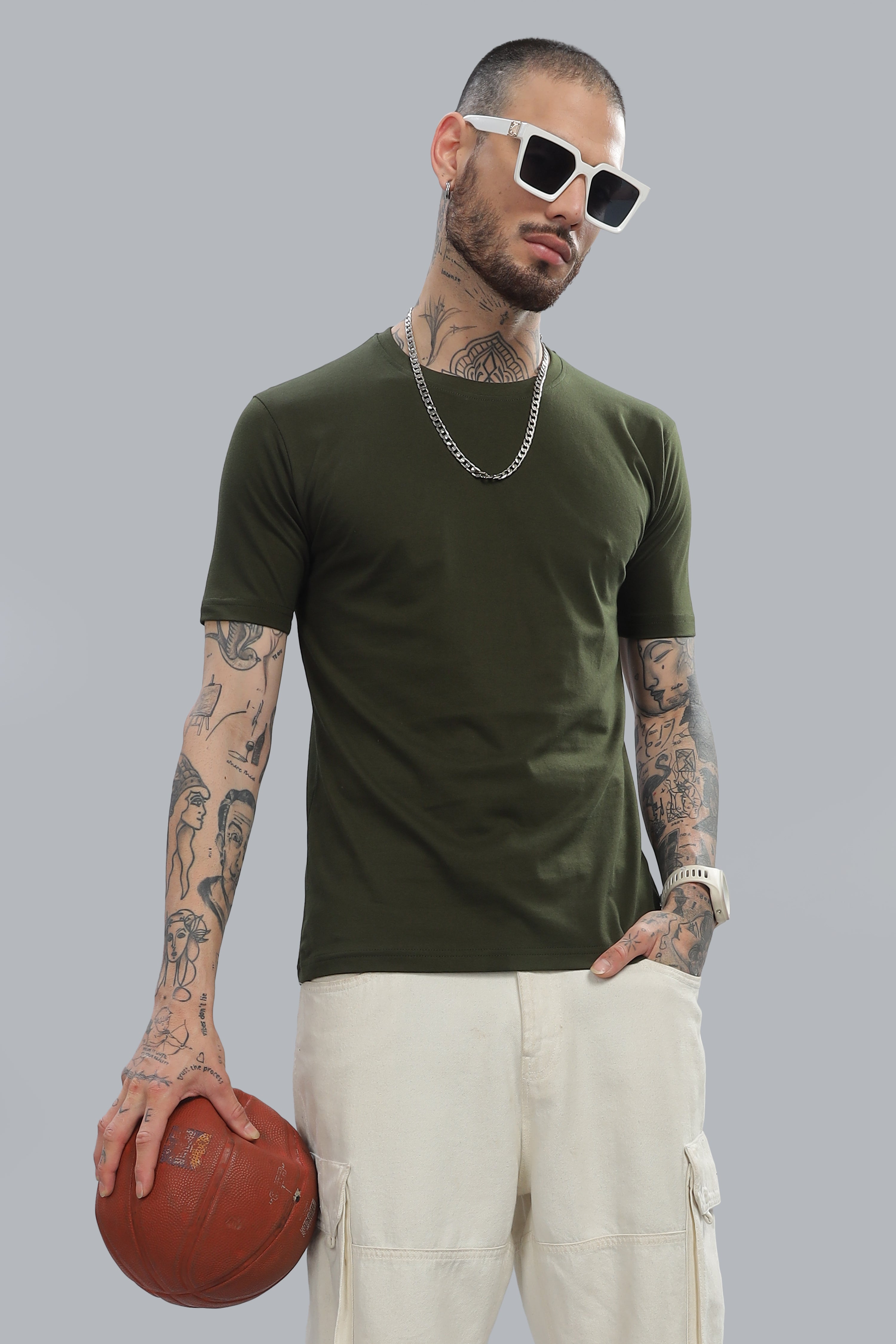 Spice Wardrobe Men’s Olive Cotton T-Shirt 100% Pure Cotton | Comfortable Regular Fit for Casual & Active Wear