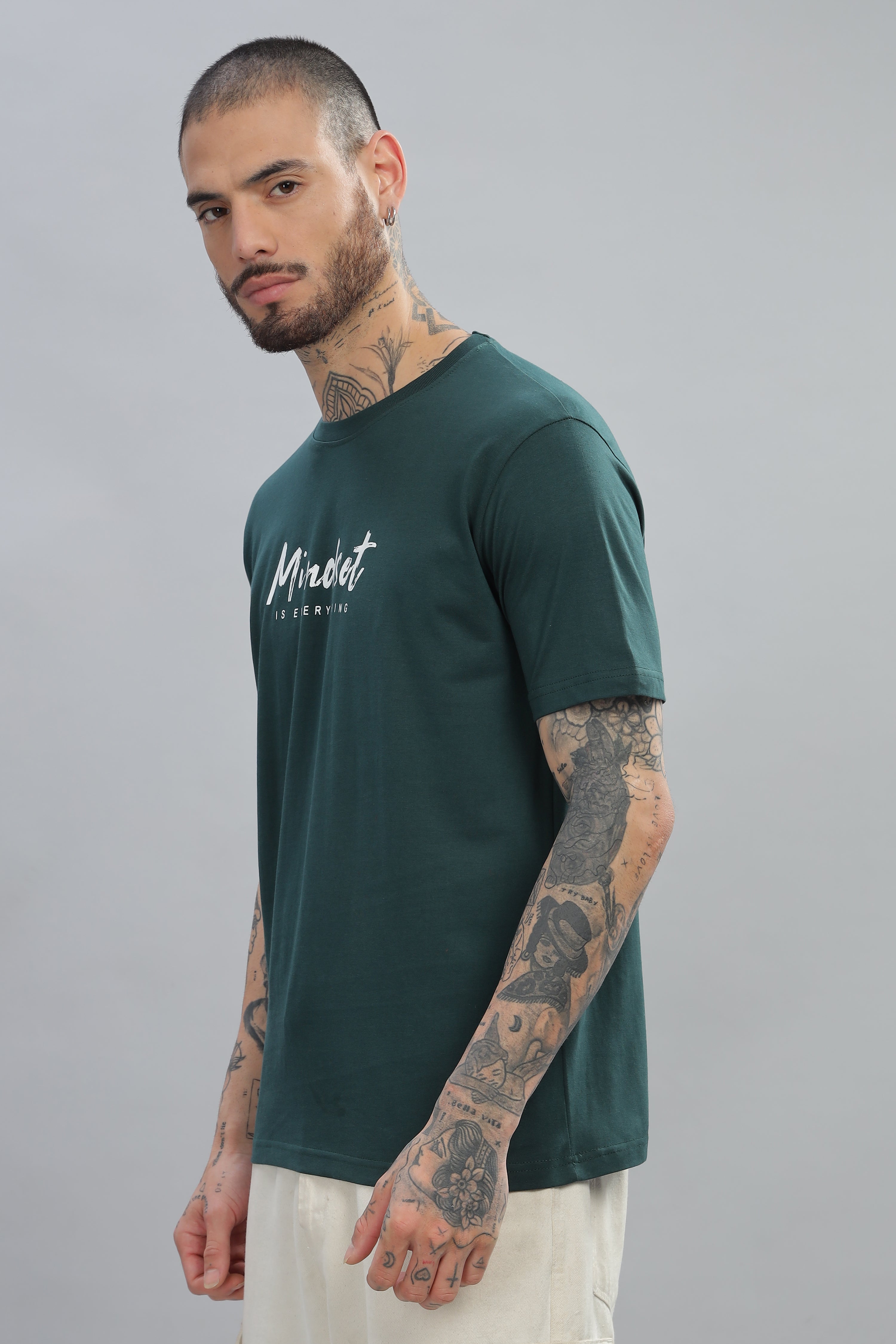 Spice Wardrobe Men’s Bottle Green Premium Cotton Printed T-Shirt 100% Pure Cotton | Comfortable Regular Fit for Casual & Active Wear