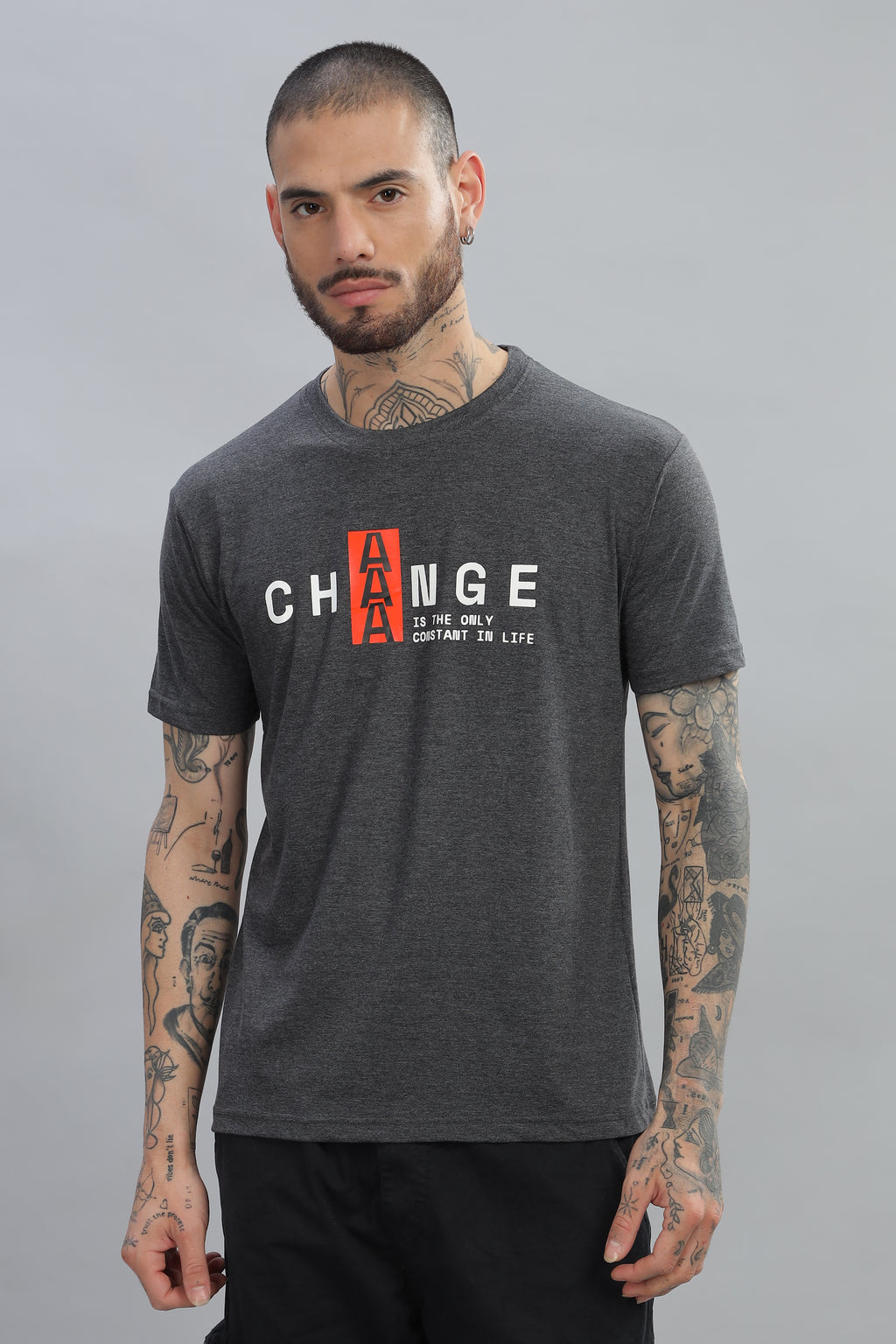 Spice Wardrobe Men’s Gray Premium Cotton Printed T-Shirt 100% Pure Cotton | Comfortable Regular Fit for Casual & Active Wear